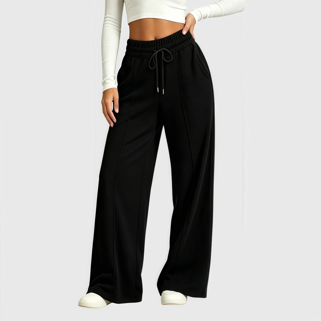 YesFashion Women Wide Leg Sweatpants Casual High Waist Middle Crease Lounge Yoga Pants with Pockets