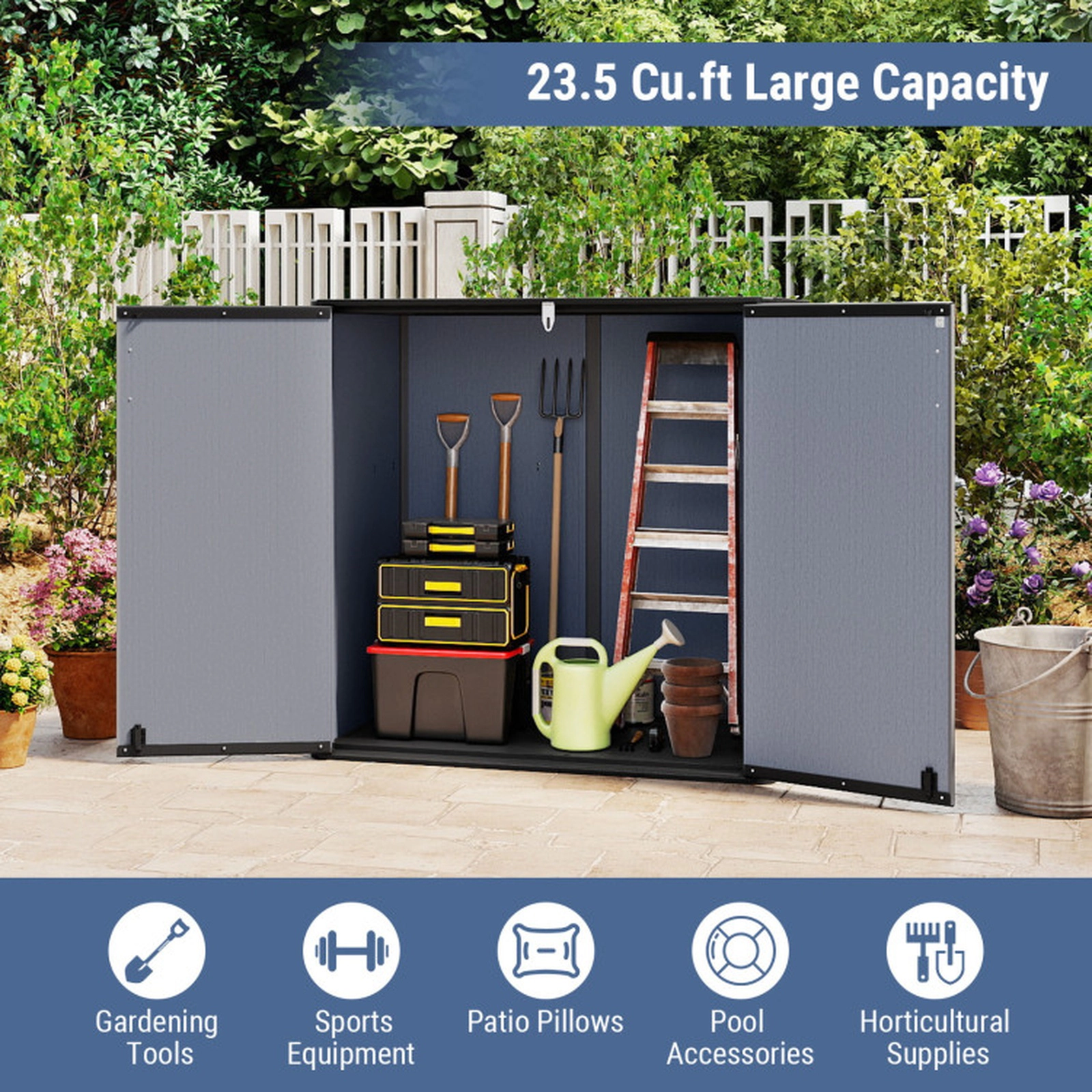 SUGIFT 23.5-cu ft All-Weather Outdoor Storage Box with Floor Lockable Door and Grooved Drainage Roof
