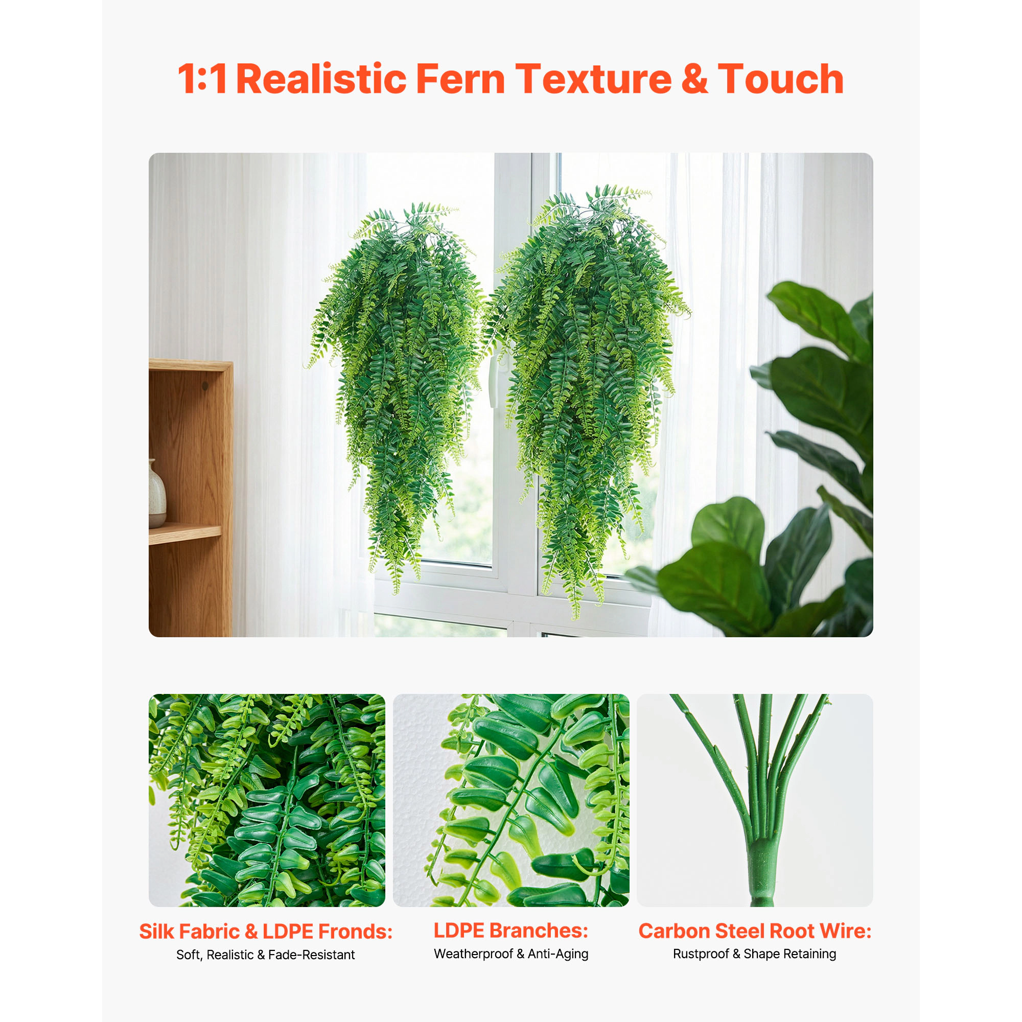 HONGGE Artificial Ferns, Fake Hanging Boston Fern Bush Plant with Hanging Length