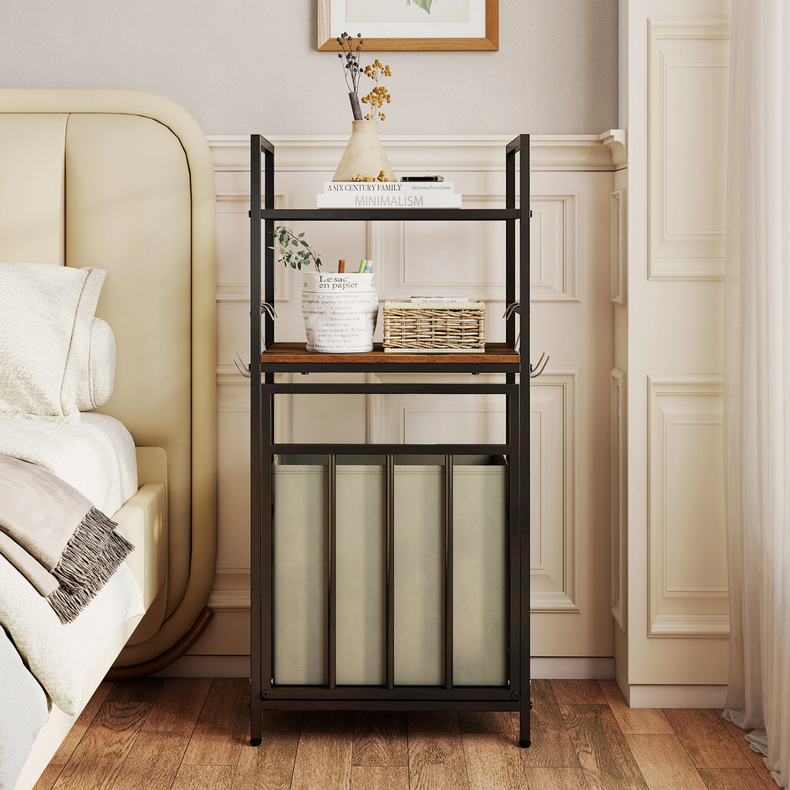 SUGIFT 2 Tier Laundry Hamper Black with Tilt-Out Basket Mesh Shelf and 4 Hooks