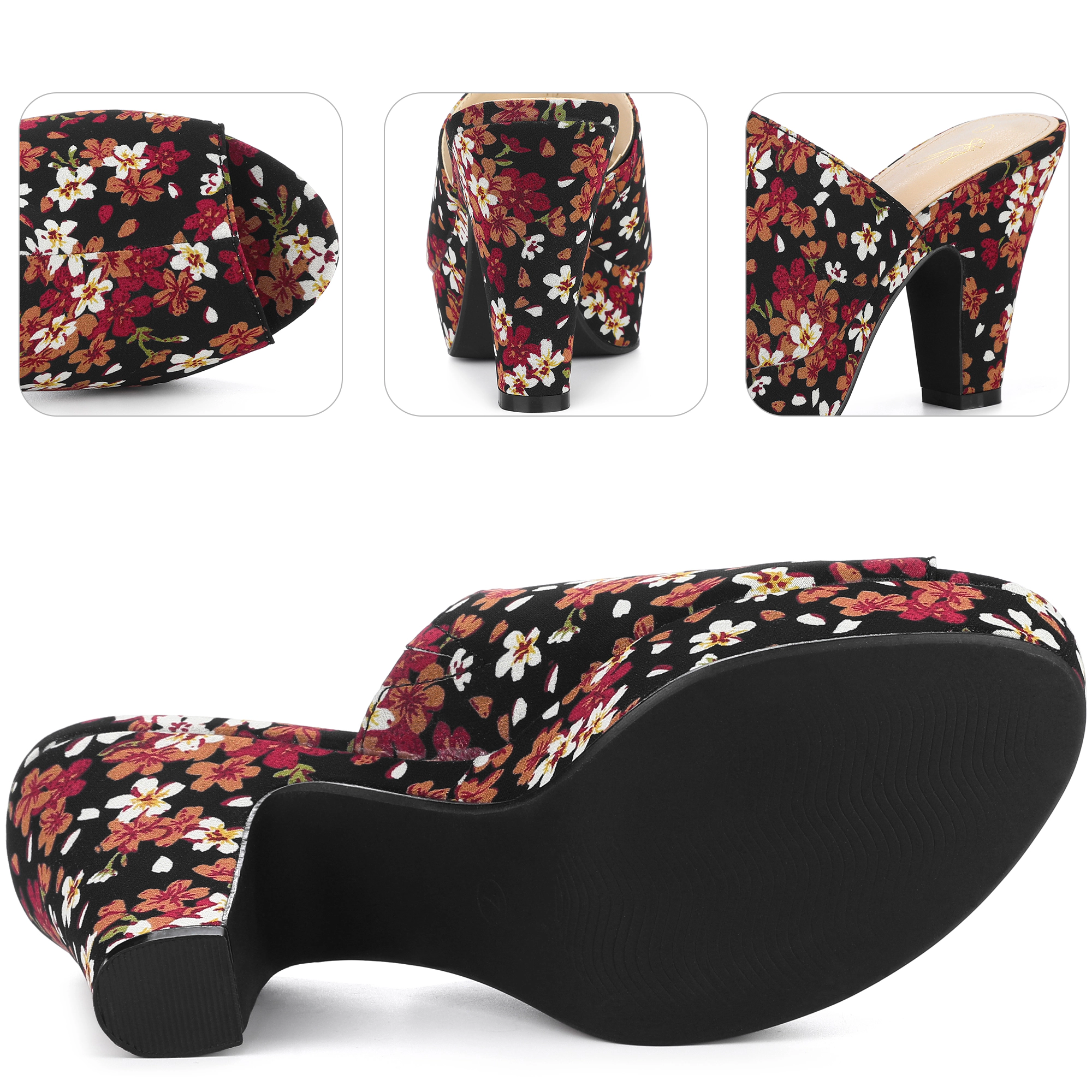 BLISSFUL STEP Women's Floral Open Toe Chunky Heel Platform Slip On Slides Sandals