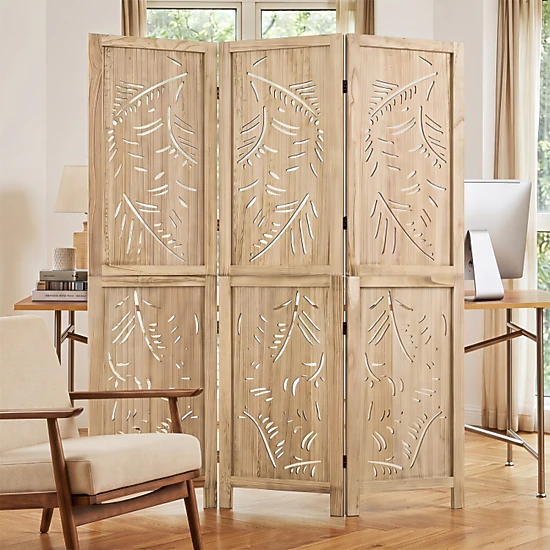 SUGIFT Palm Leaf 3-Panel Wooden Room Divider 67-in Tall Foldable ...