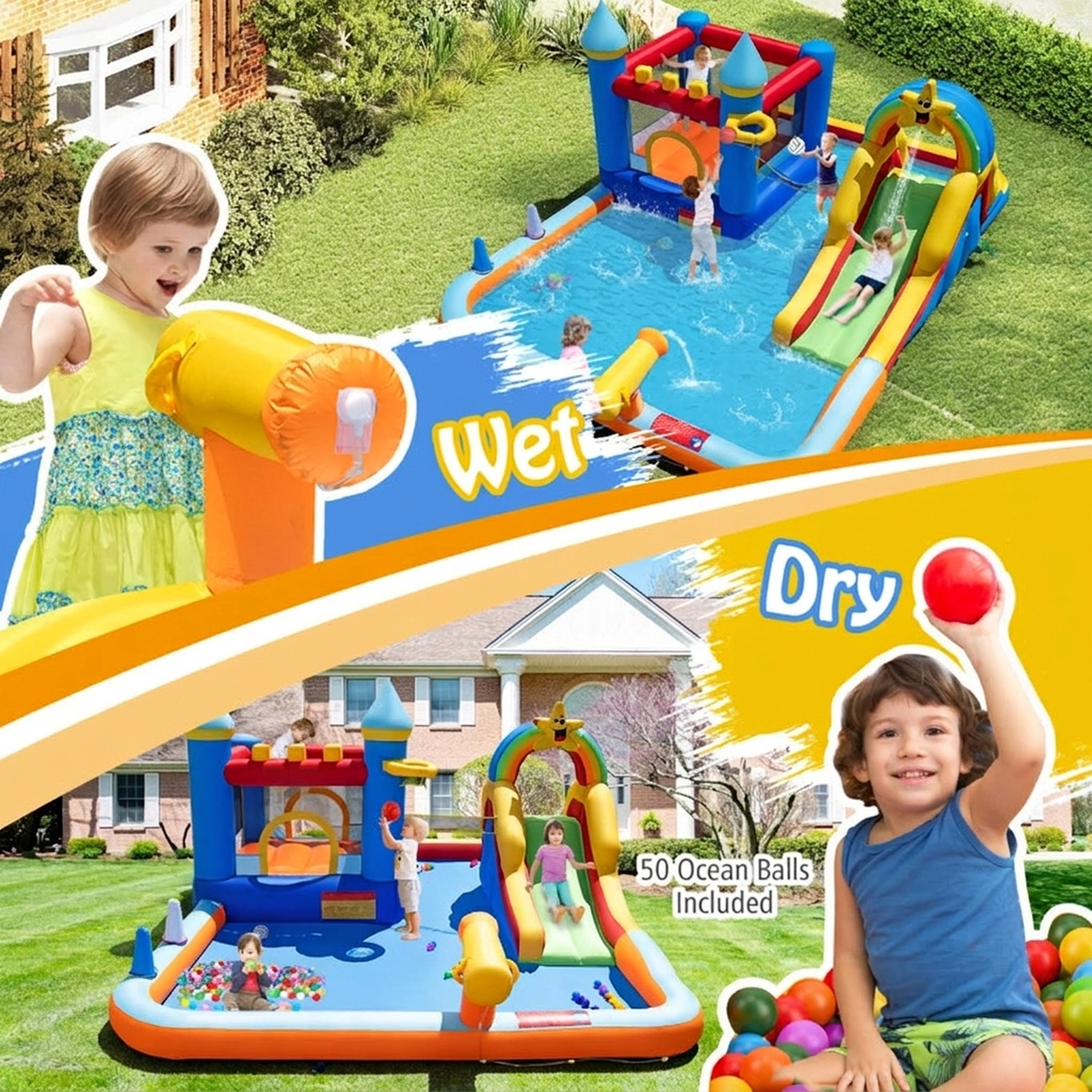 SUGIFT Inflatable Water Slide Park Bouncy Castle with Climbing Wall 200-lb Capacity Ages 3-12 Colorful with 750W Blower