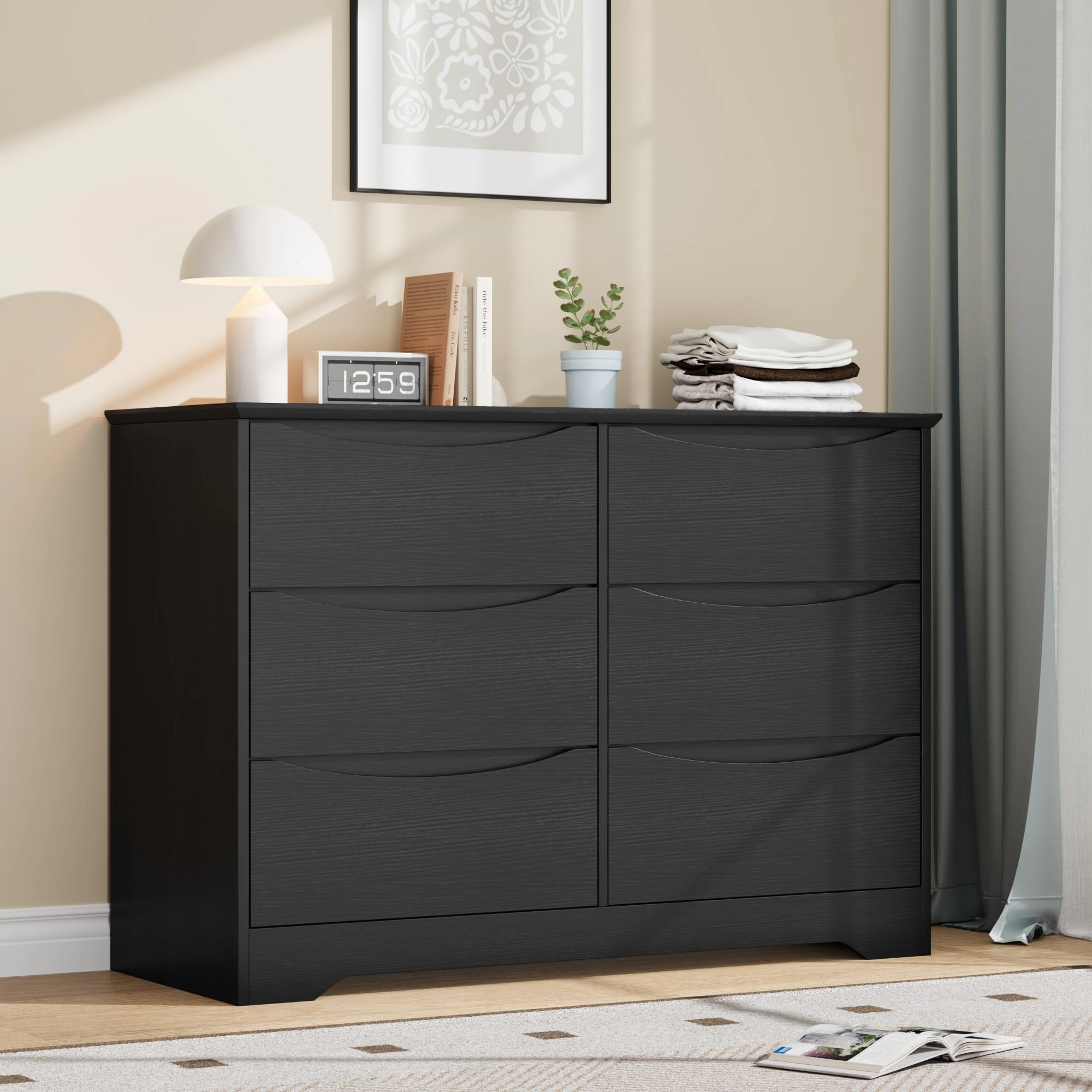 6 Drawer Modern Dresser with Hidden Handles, 47" Wide Large Double Storage Chest for Bedroom Living Room Hallway