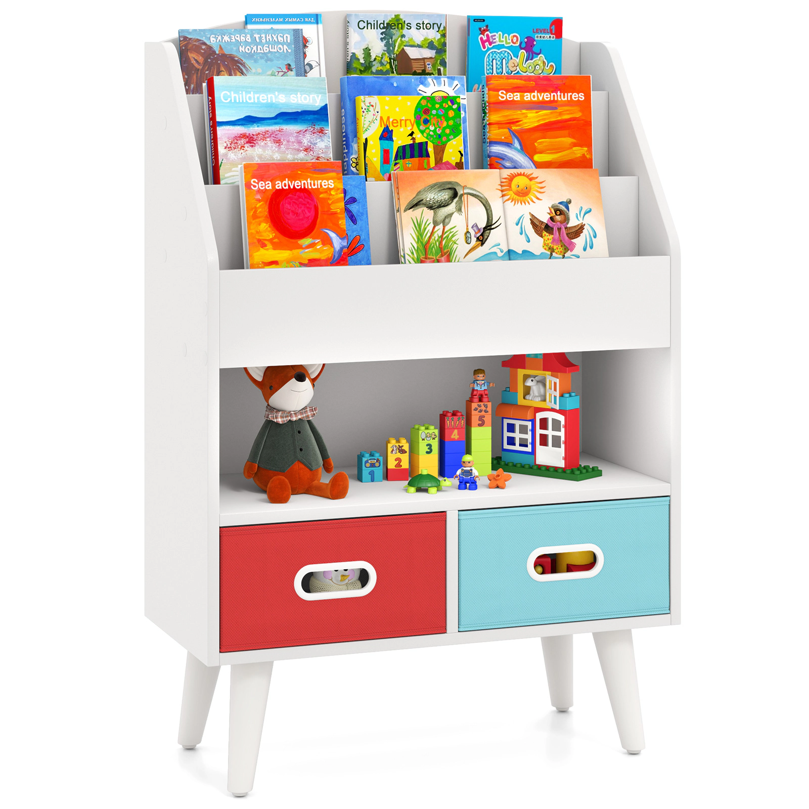 SUGIFT White 220-lb Capacity 3-Tier Kids Bookshelf with Open Compartment and 2 Foldable Fabric Drawers