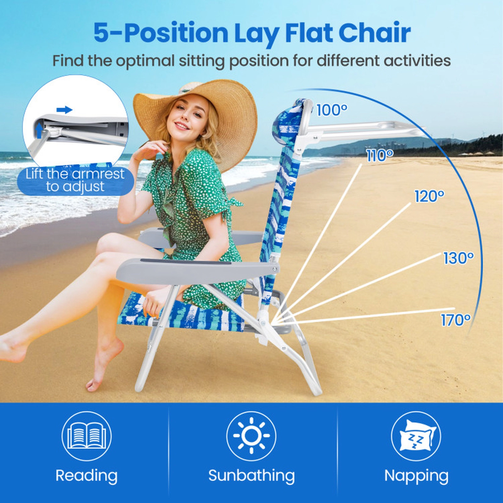 SUGIFT Set of 2 Blue Folding Beach Chairs with Lay-Flat Backrests