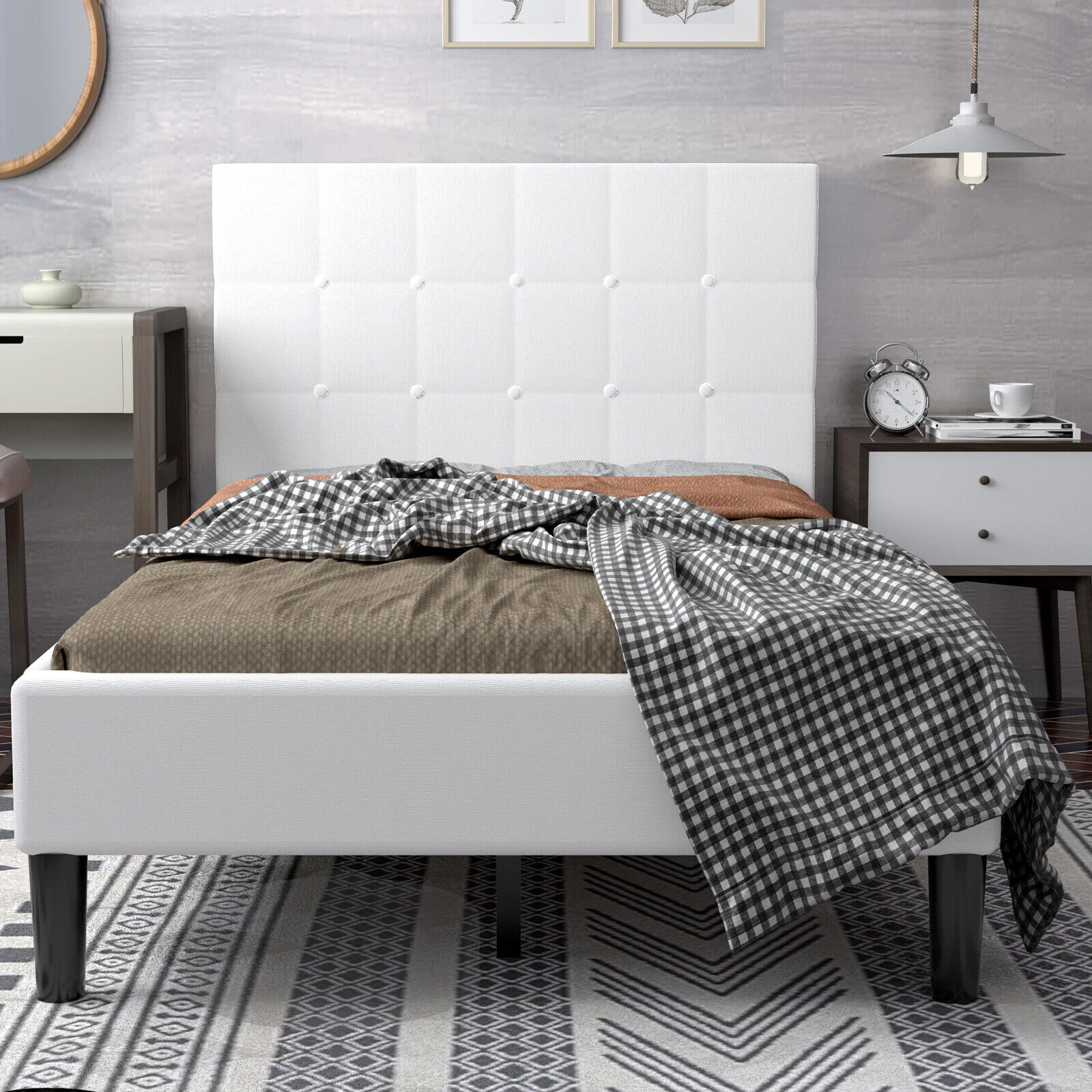 SUGIFT Twin Upholstered Platform Bed, Button-Tufted Headboard, Padded Side Rails, Beige Fabric, 11 Support Legs
