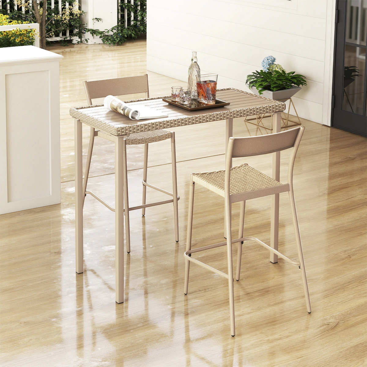 SUGIFT 48-Inch Light Brown Bar-Height Outdoor Patio Table with PE Rattan Trim