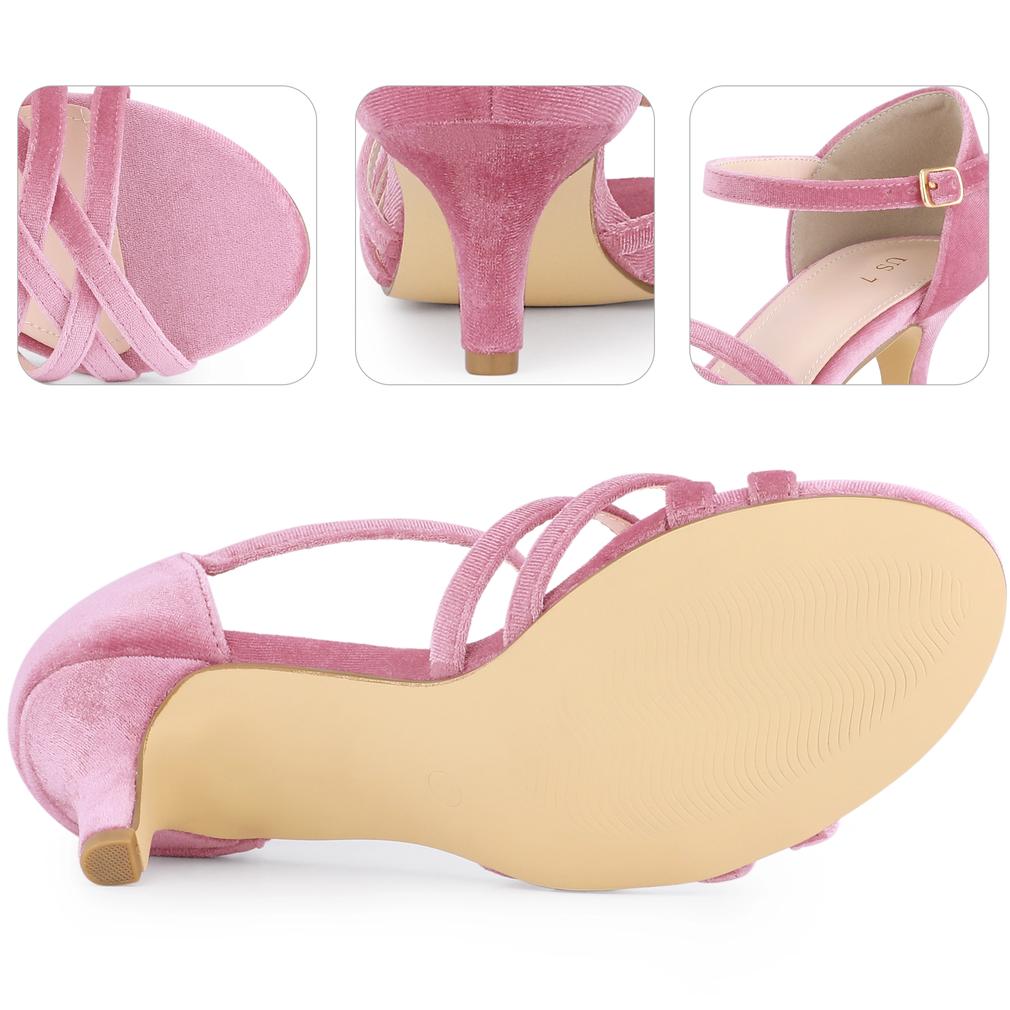 BLISSFUL STEP Women's Velvet Strappy Open Toe Kitten Heels Dance Sandals