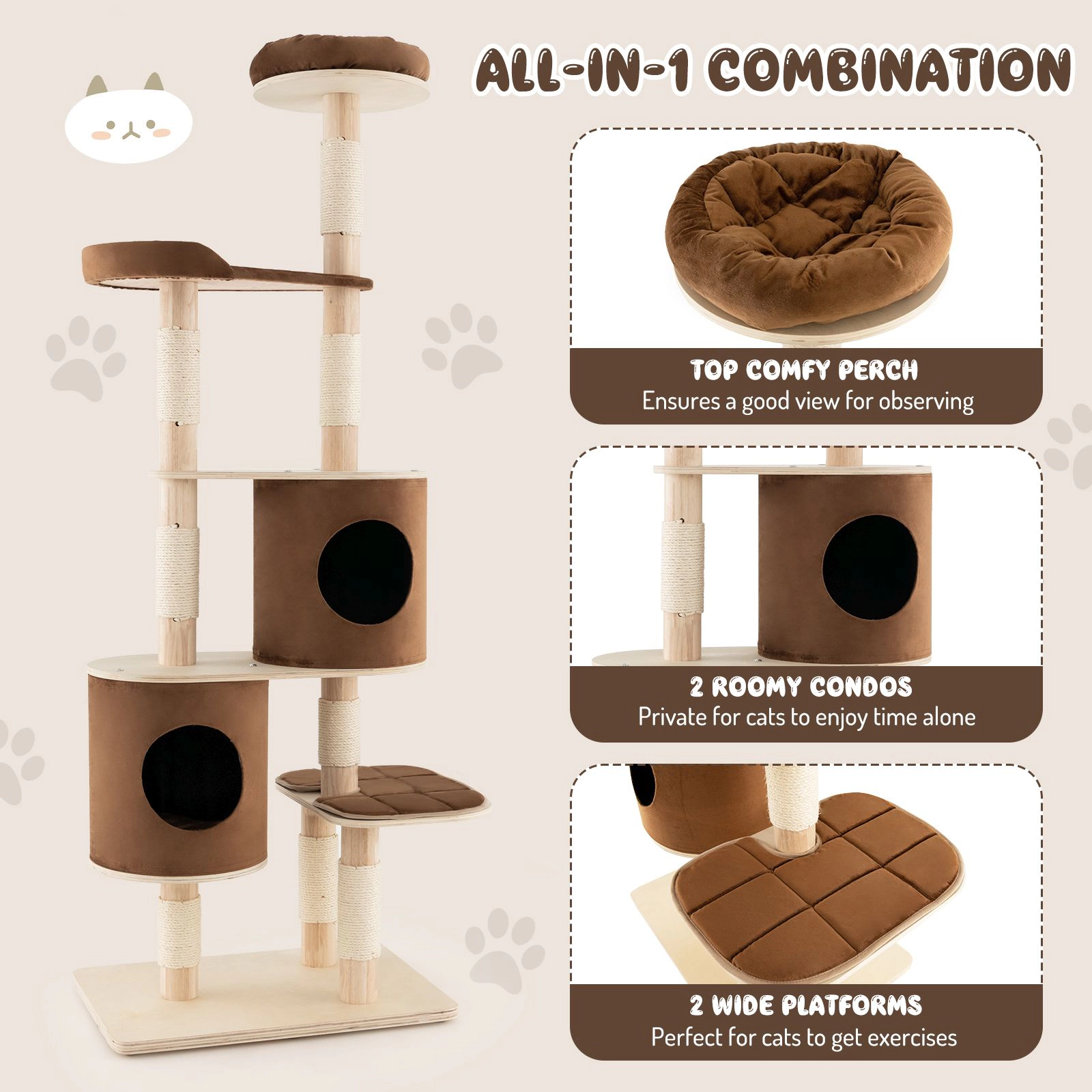 SlickBlue 75" Tall Cat Tree with 2 Condos, Platforms and Sisal Posts