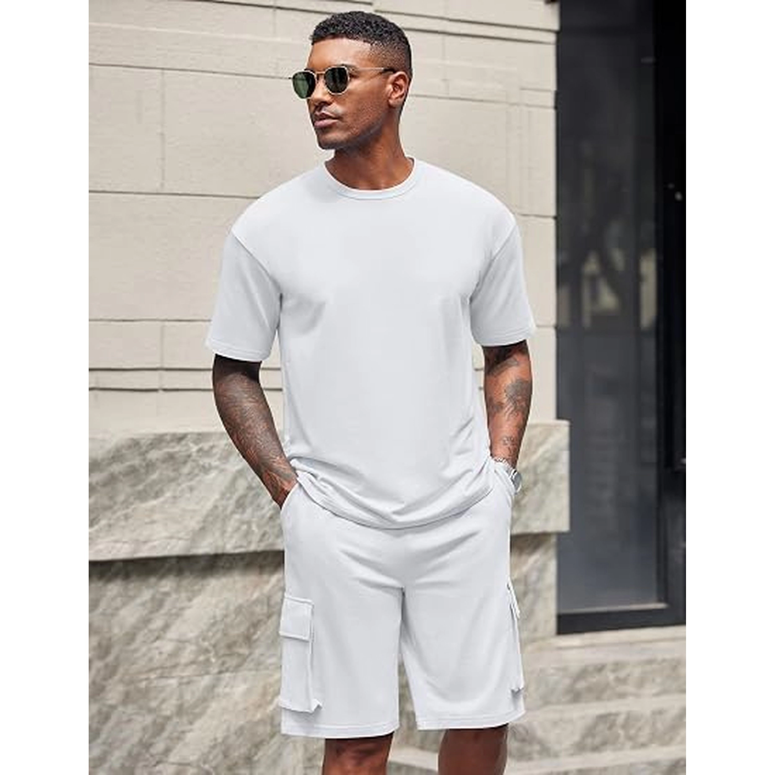 COOFANDY Mens  2 Piece Outfits Crew Neck Short Sleeve Tee Cargo Shorts Set