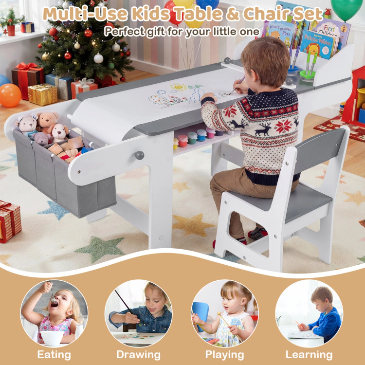 Hivvago Kids Art Table And Chair With Paper Roll And Fabric Bins For Drawing Reading Studying Playing