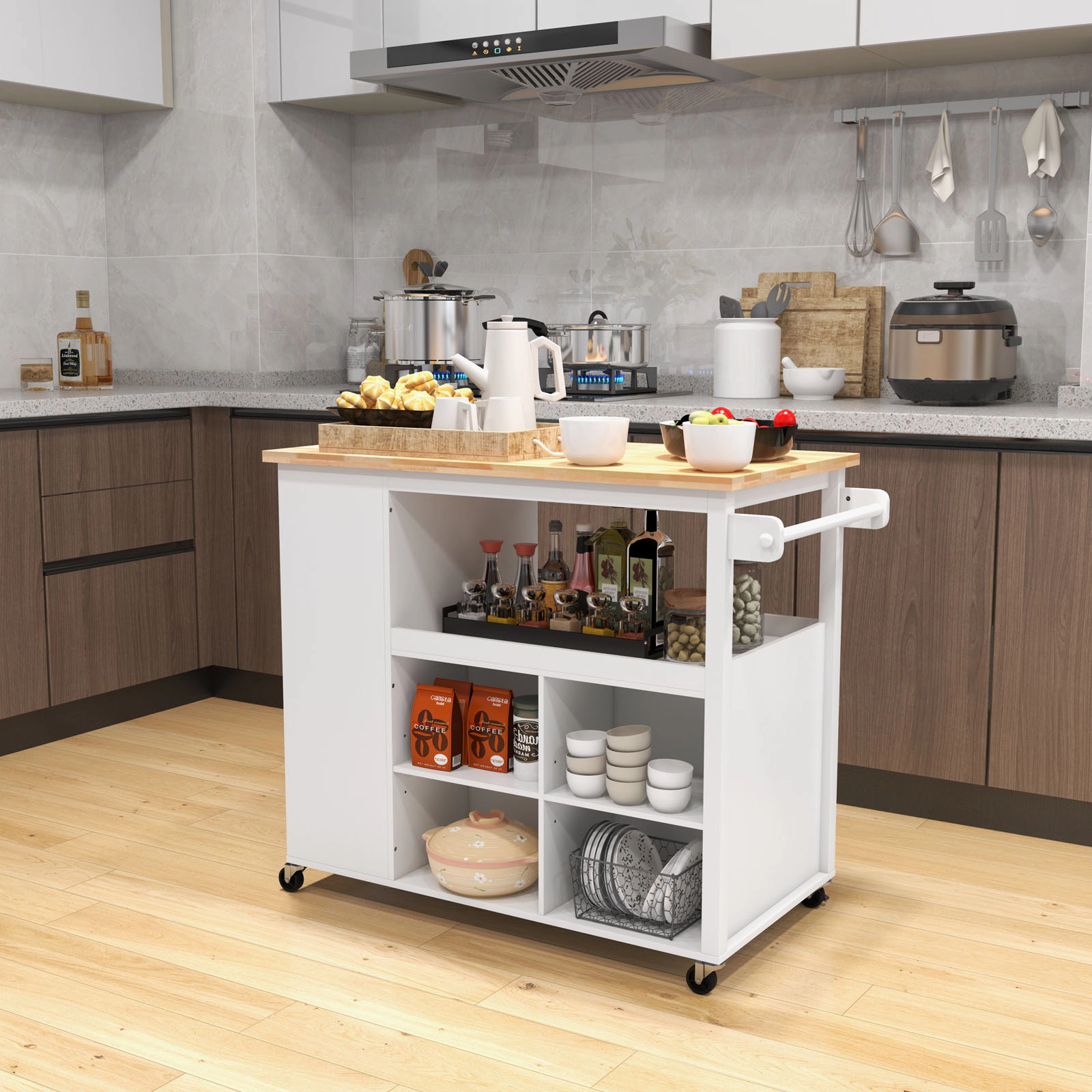 SUGIFT White Kitchen Island Trolley Cart on Wheels with 3-Position Adjustable Shelf and Slide-Out Drawer