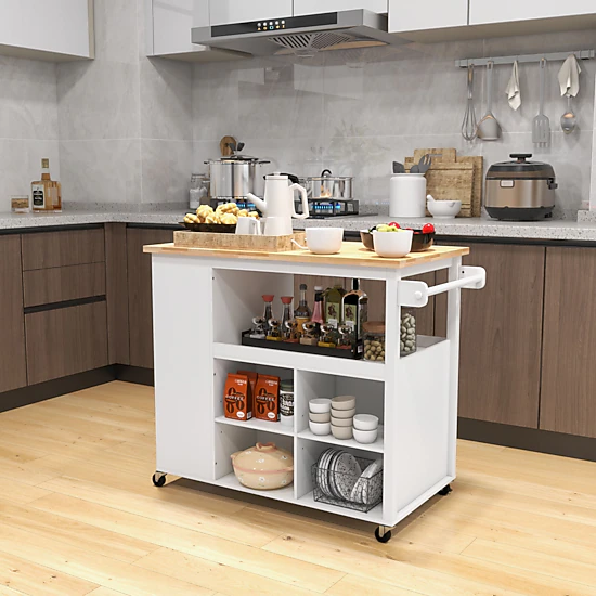SUGIFT White Kitchen Island Trolley Cart on Wheels with 3-Position Adjustable Shelf and Slide-Out Drawer