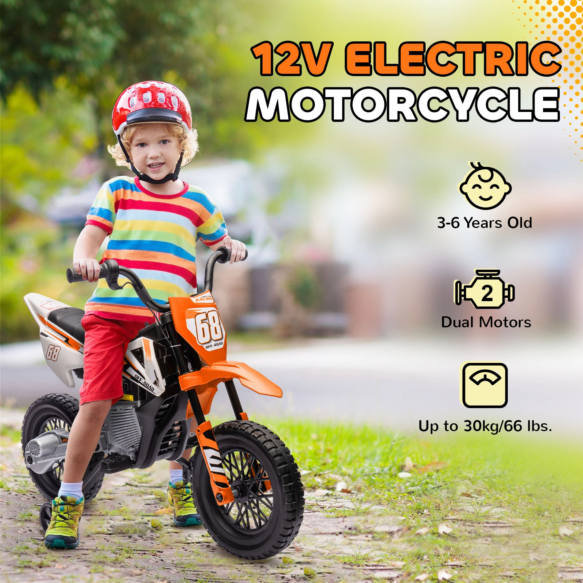 HONGGE Qaba 12V Kids Electric Motorcycle w/ Twist Grip Throttle, Training Wheels, Rear Suspension & Music