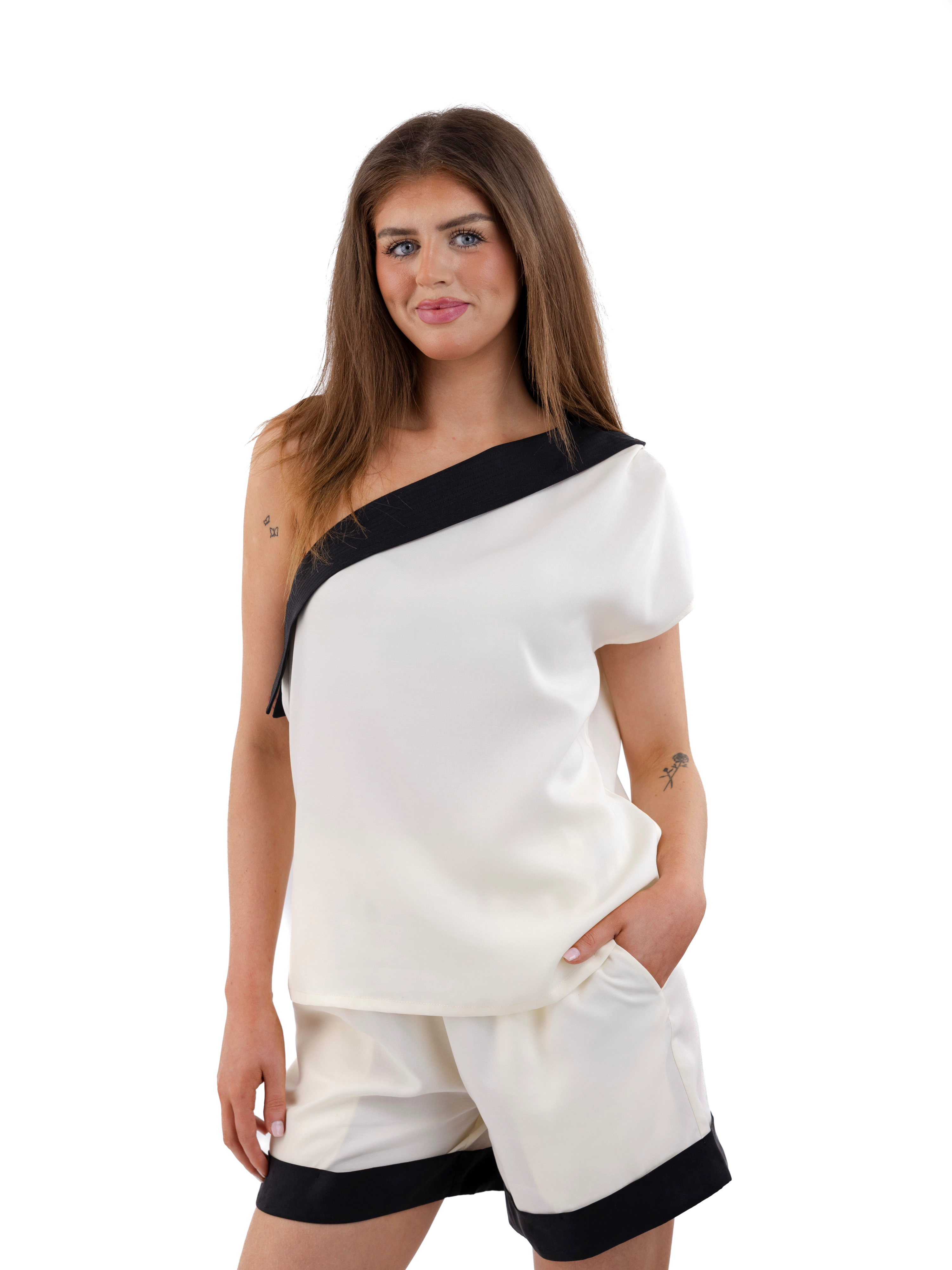 BeReal Womens Ester One Shoulder Top and Shorts Set