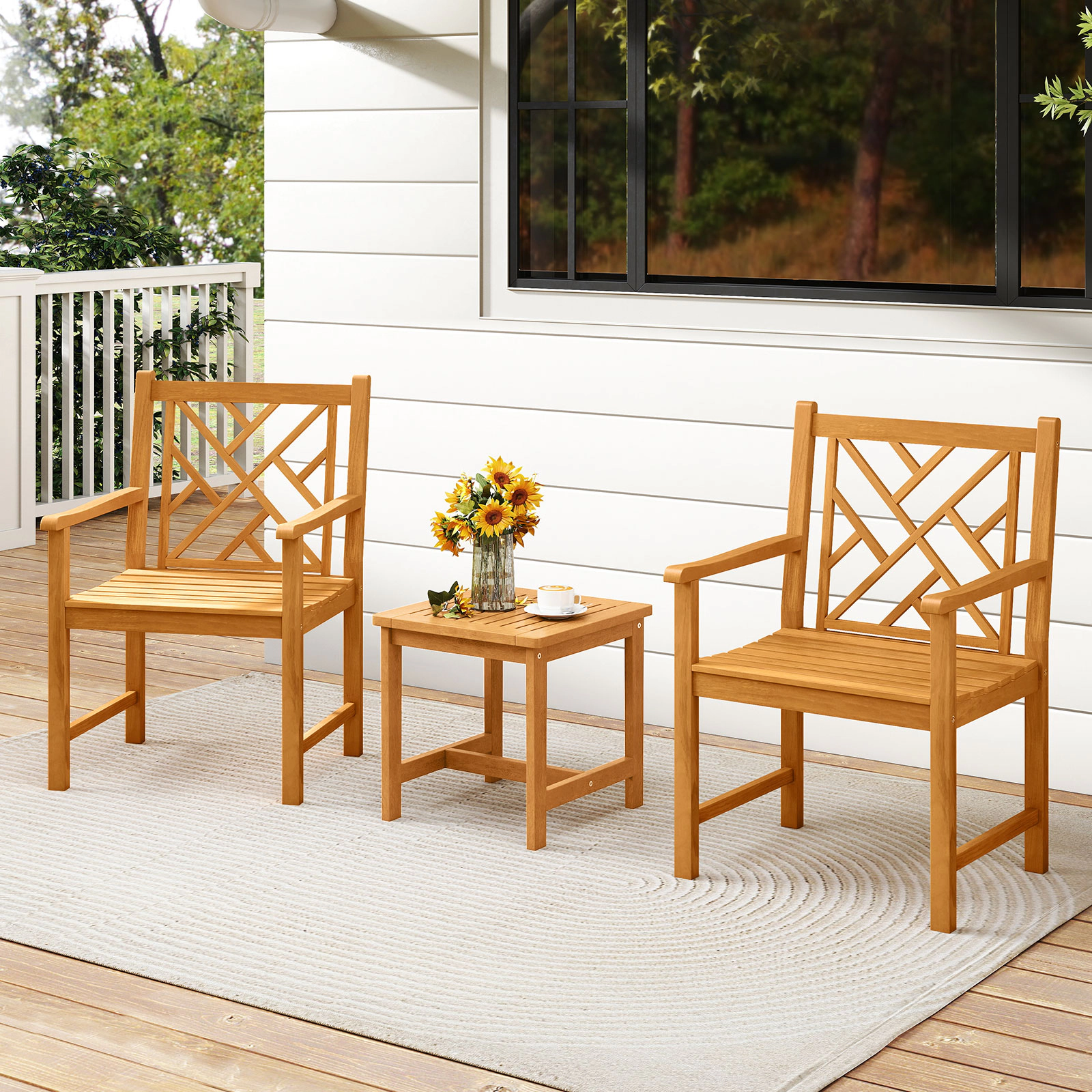 LJG Set of 2 Outdoor Dining Chairs Acacia Wood with Cross-Pattern Backrest
