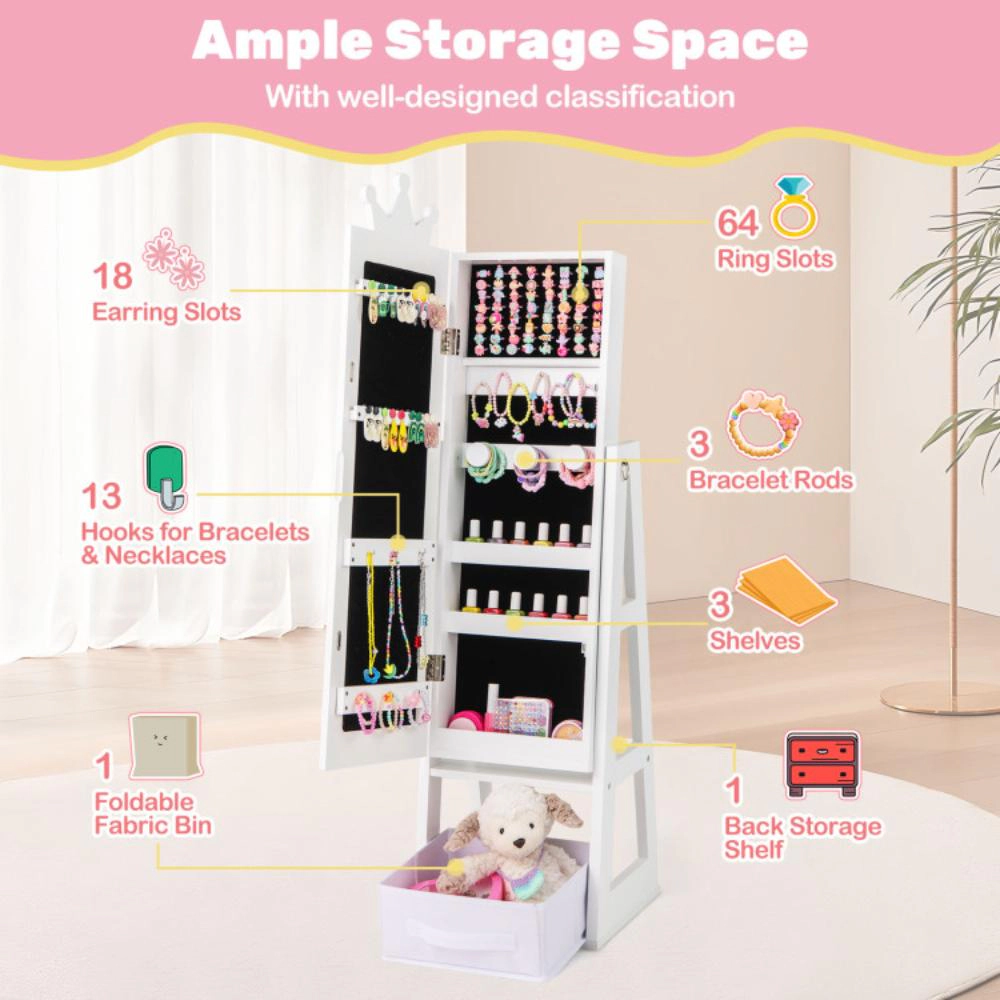 Hivvago Free-Standing Full Length Kids Jewelry Armoire Cabinet With Storage Capacity-White