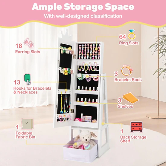 Hivvago Free-Standing Full Length Kids Jewelry Armoire Cabinet With Storage Capacity-White