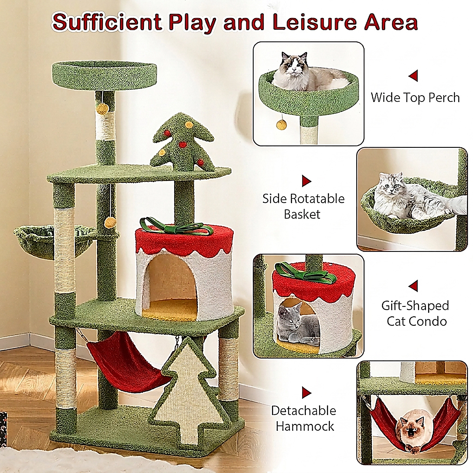 SUGIFT Christmas Cat Tree with Gift Box Shaped Condo & Sisal Scratching Posts 52-in Tall 22-lb Capacity Green Red Yellow