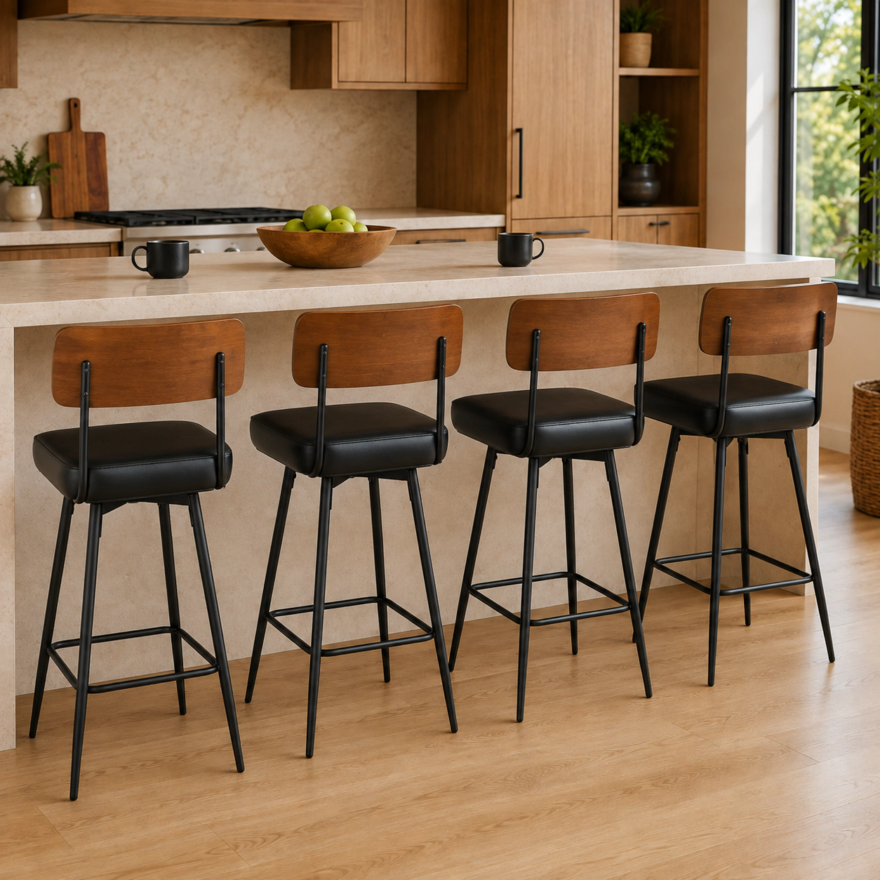 SUGIFT Wood Back and Metal Legs 330-lb Set of 4 Black 27 in Padded Counter Barstools