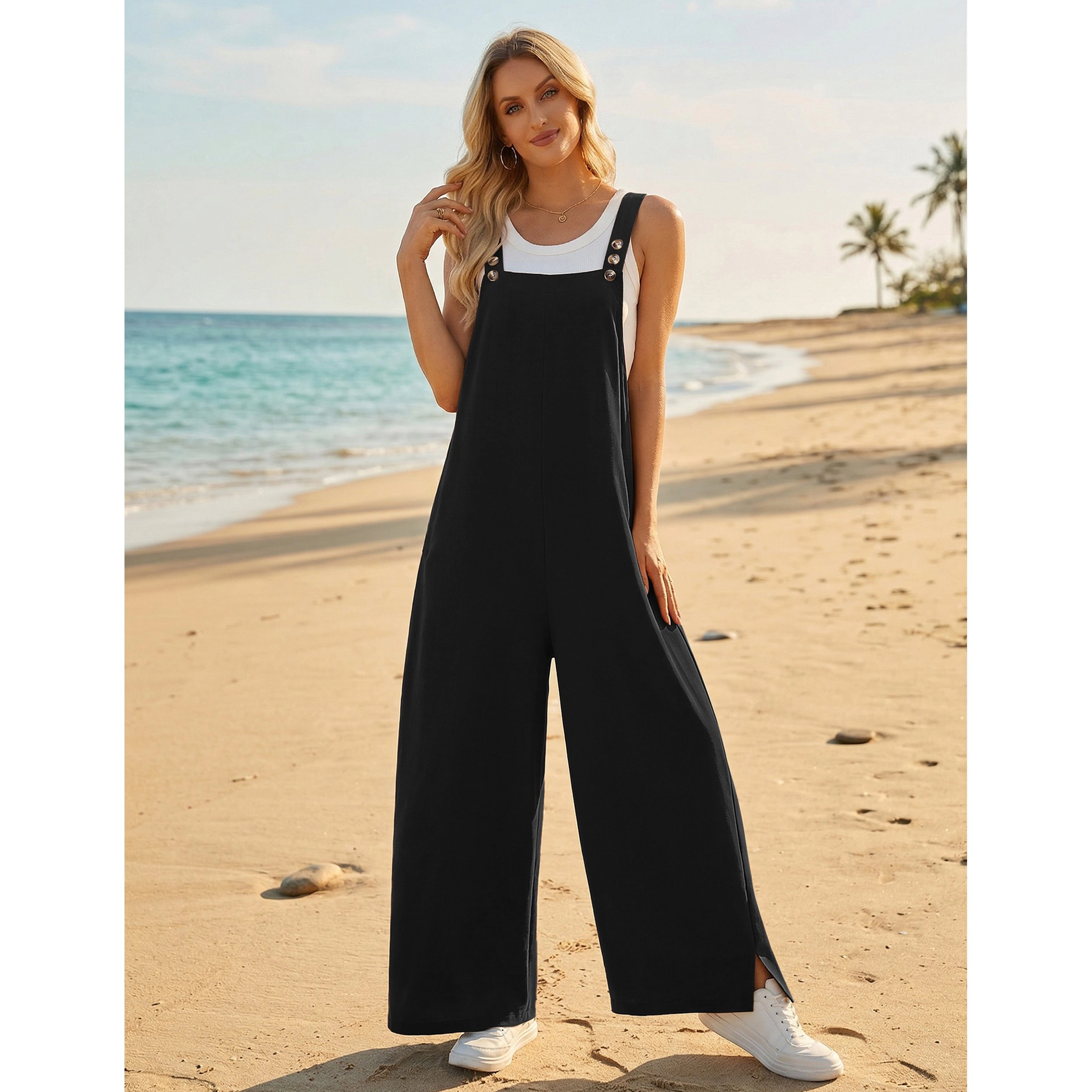 Ekouaer Women's Adjustable Button Straps Overalls, Wide Leg Jumpsuit with Pockets