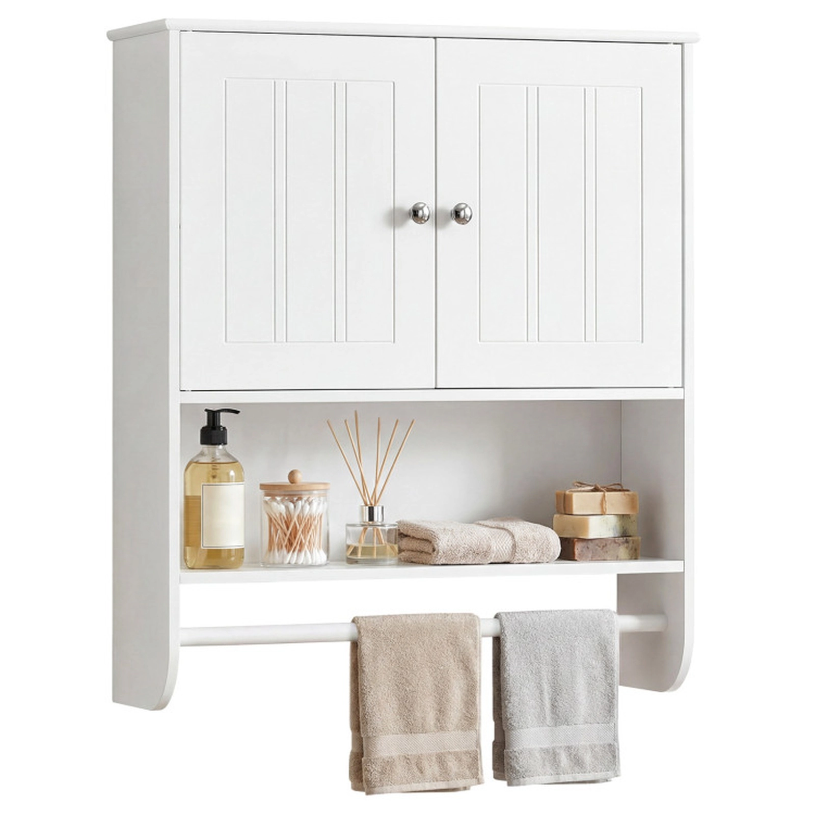 SUGIFT White Wall Mounted Bathroom Storage Cabinet with Rubber Wood Towel Bar Open Shelf and 2 Doors
