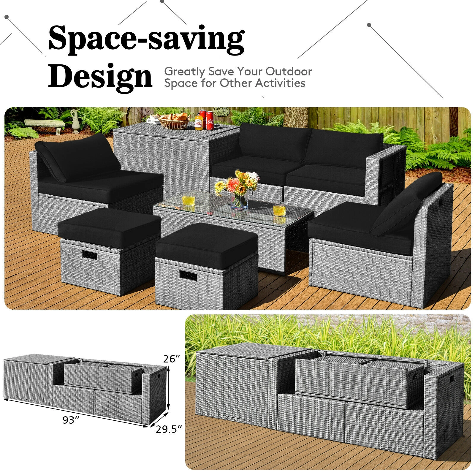 SUGIFT Black Storage Box Waterproof Cover and Cushions 8-Piece Patio Rattan Sectional Set