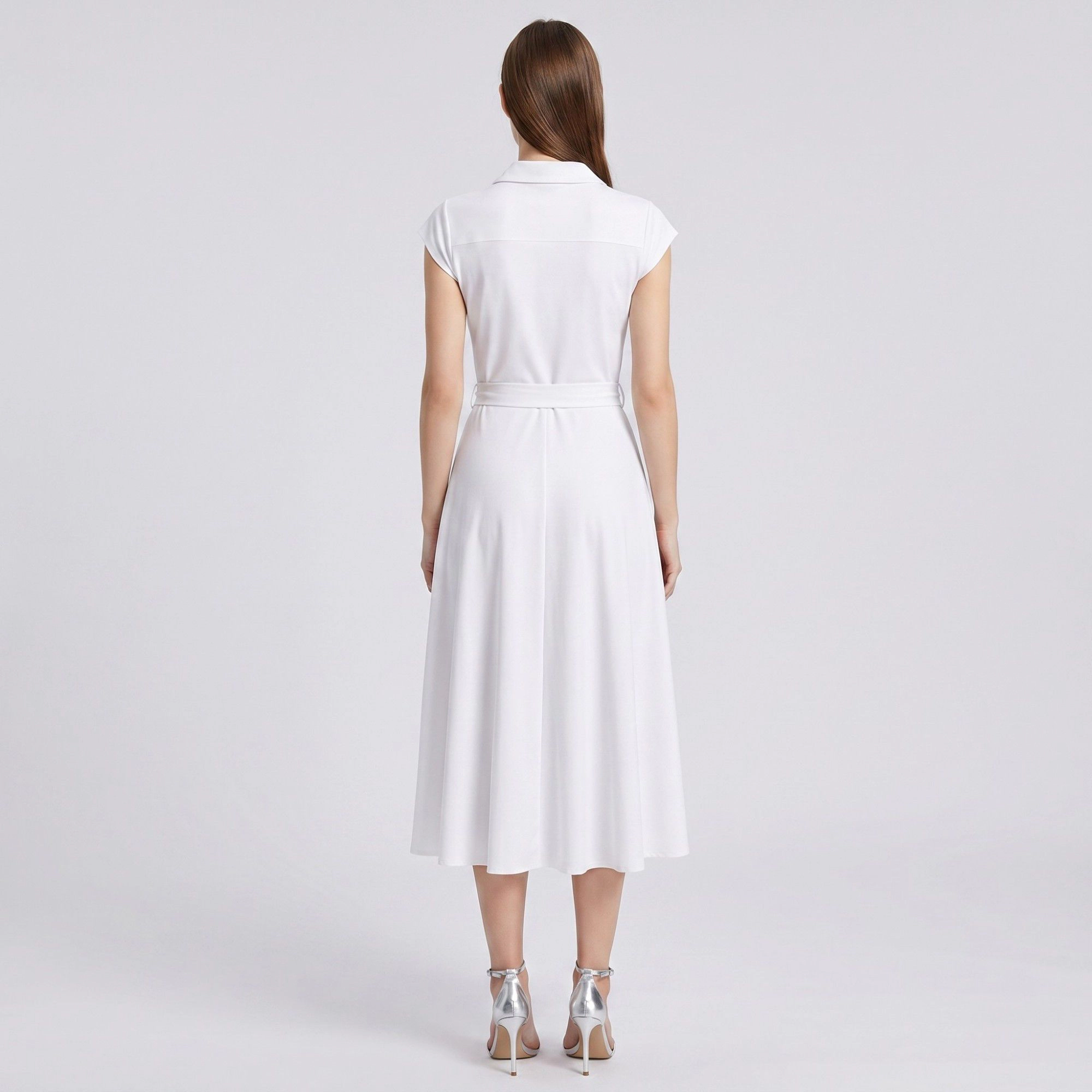 Anna-Kaci Women's Collared Button Front Cap Sleeve Midi Pintuck Bodice Tie Waist Shirt Dress