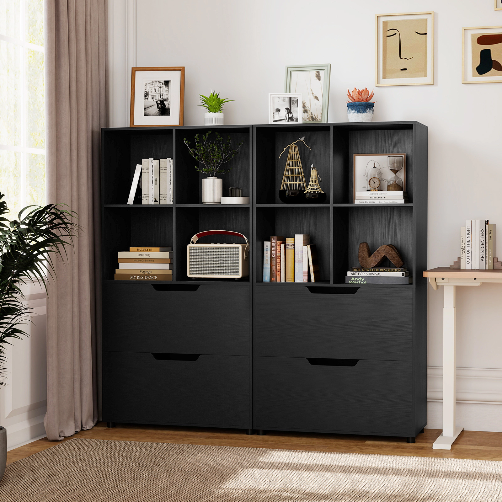 Costway 2 PCS 4-Cube Bookcase with Drawers, Tall Freestanding Bookshelf for Living Room Gray