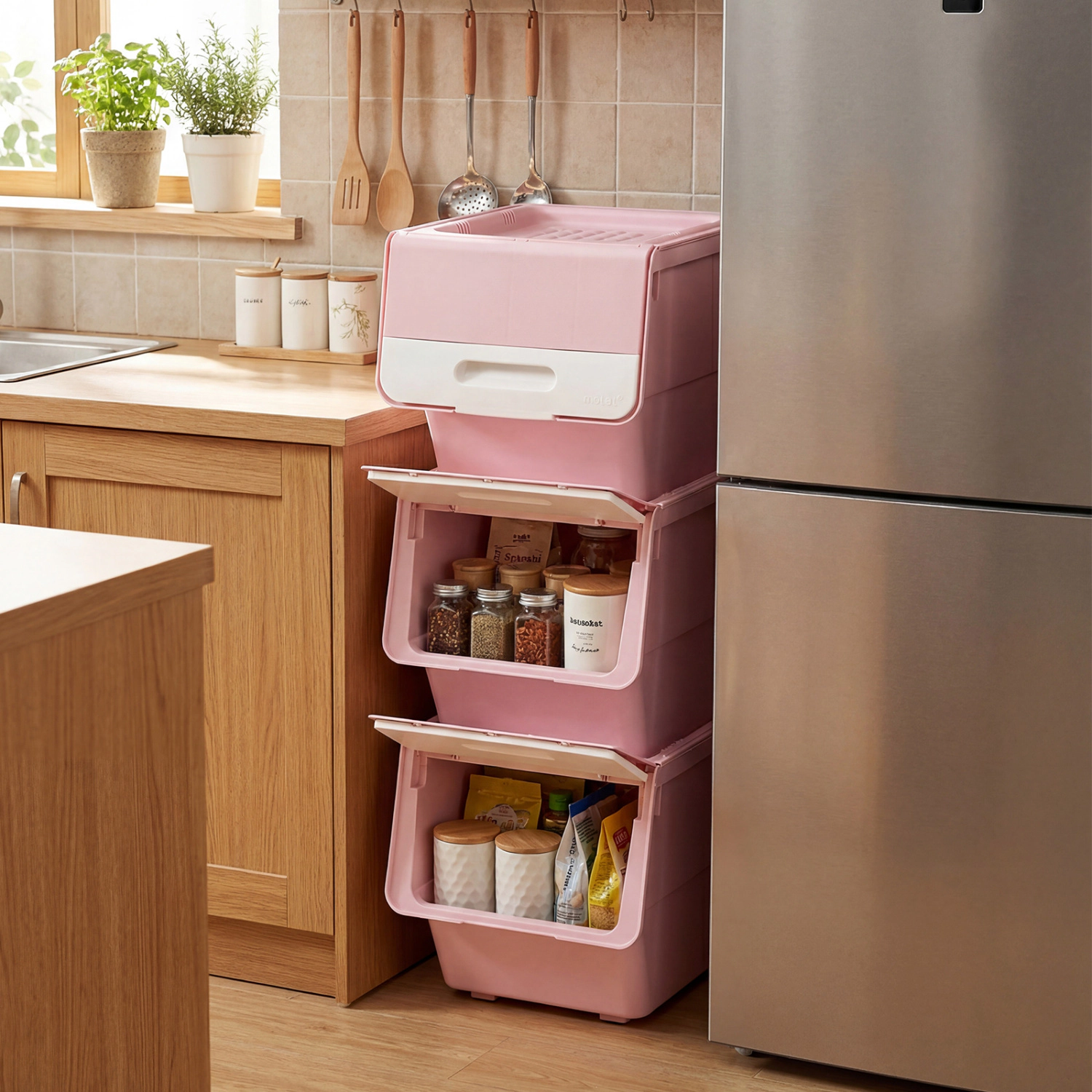 SUGIFT 3-Pack Pink 12.5-qt Stackable Storage Bins with Lids Wheels and Front Opening for Closet Organizer