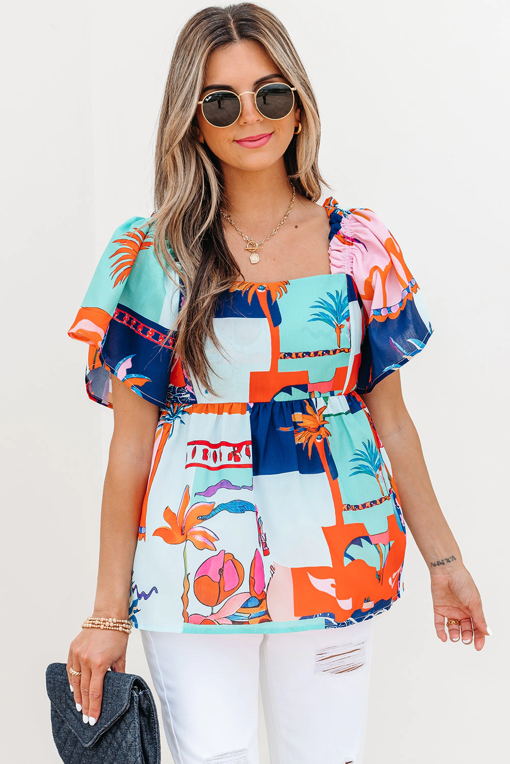 Threaded Pear Women's Payton Tropical Flutter Sleeve Babydoll Blouse
