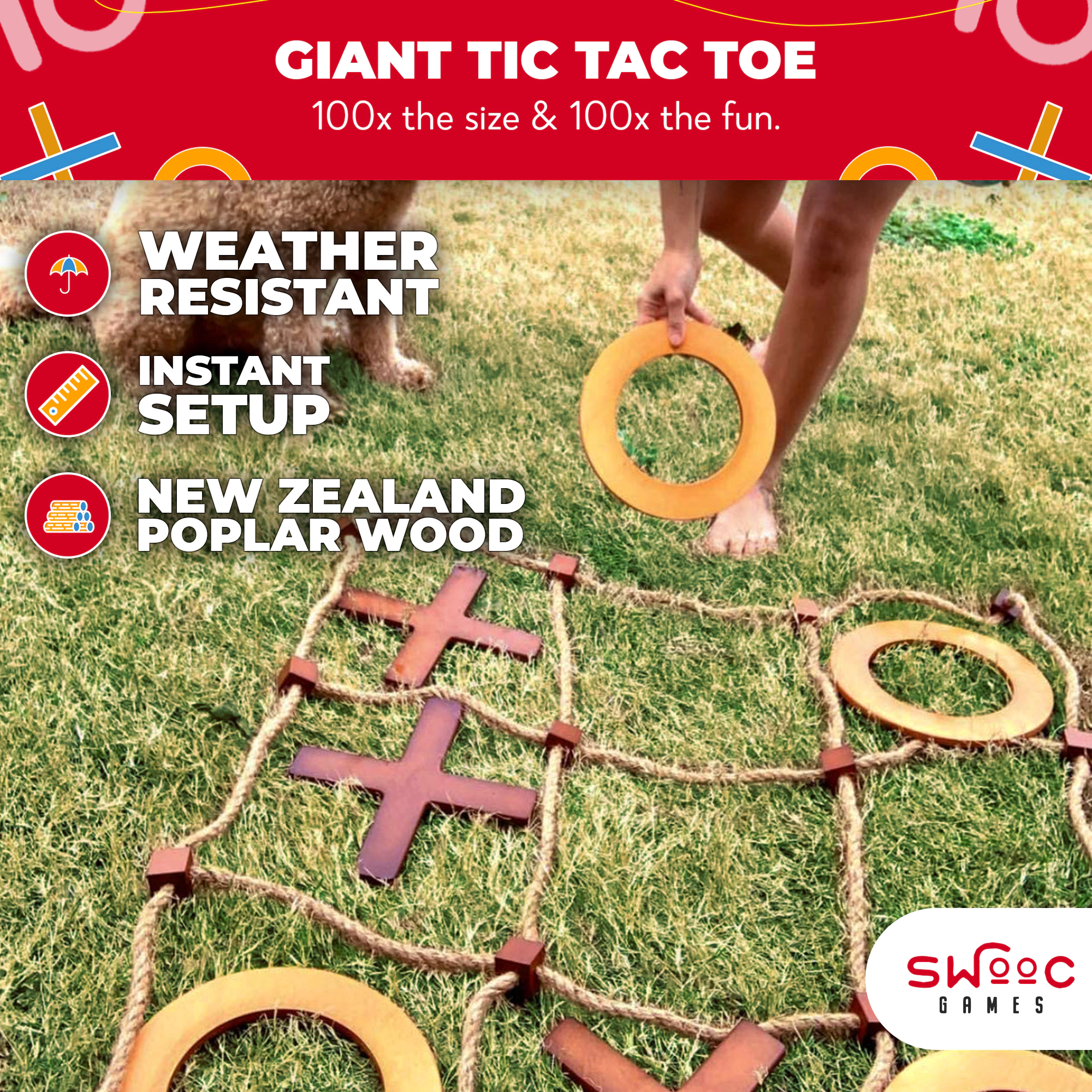 Swooc Games | Premium Giant Wooden Tic Tac Toe Game (All Weather)