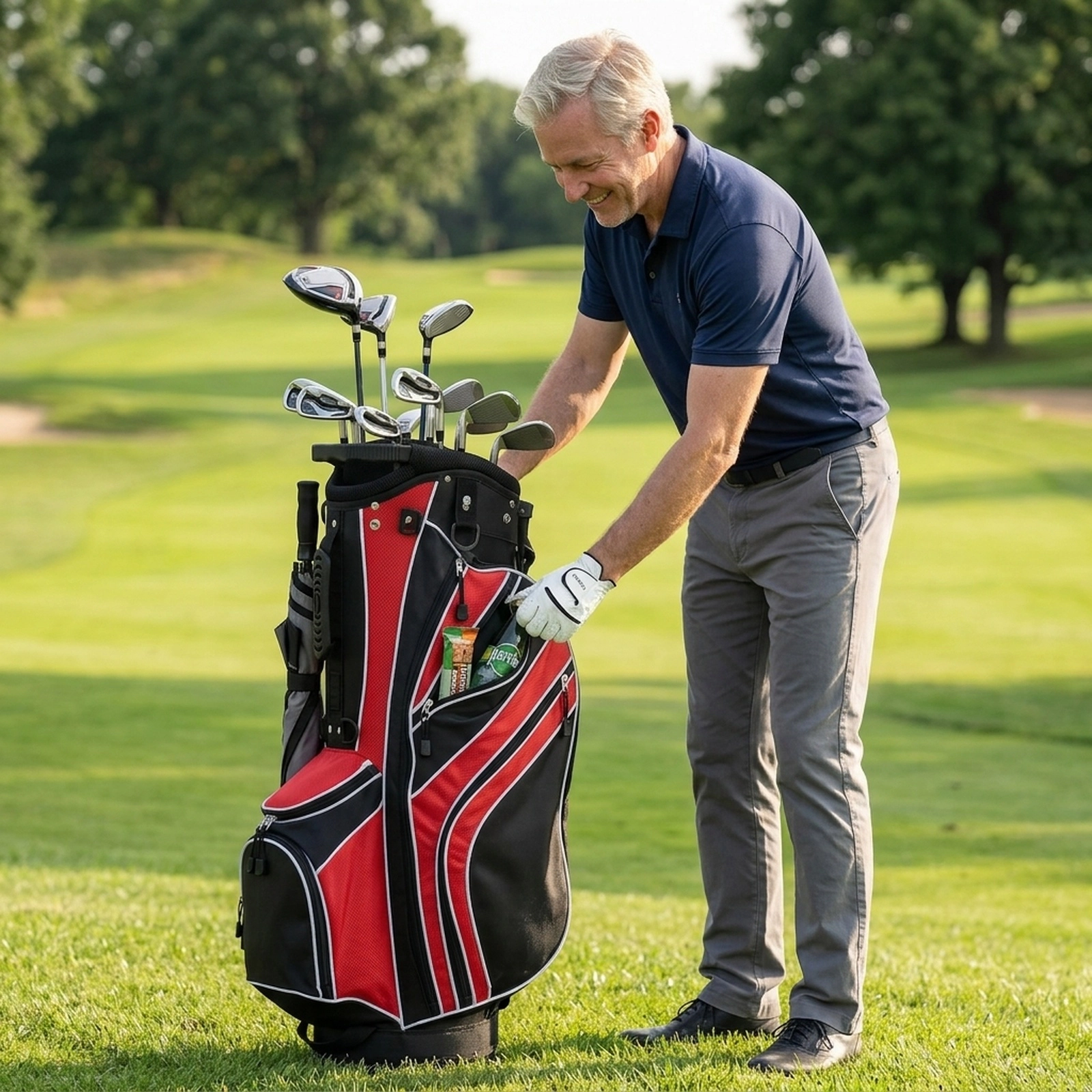 Golf Stand Carry Bag 6-Way Divider Top 8 Pockets Automatic Stand Legs Padded Dual Straps Red Lightweight