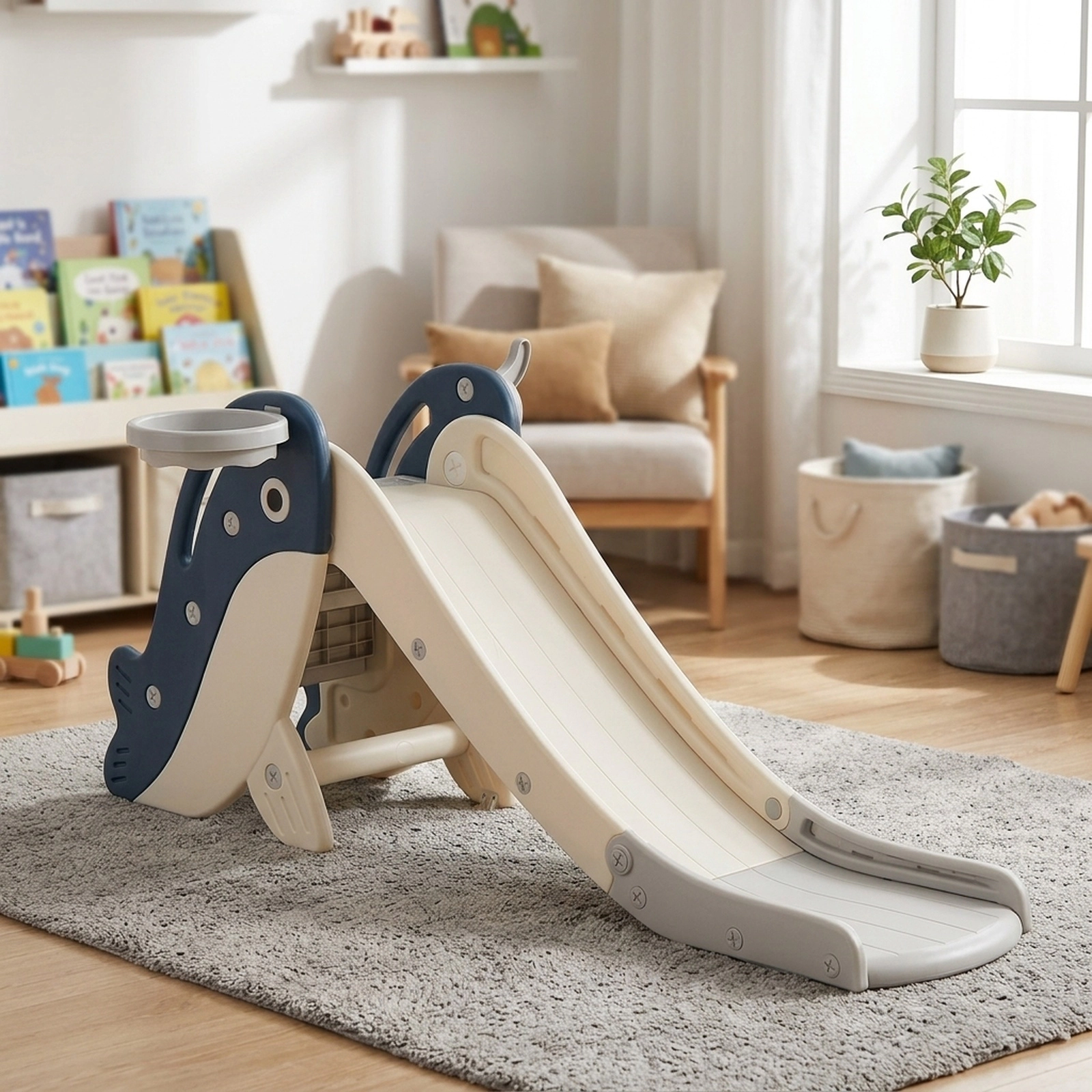 4-in-1 Toddler Slide Indoor Outdoor Freestanding Baby Climber Playset Basketball Hoop Ring Toss 50-in Kids Playground