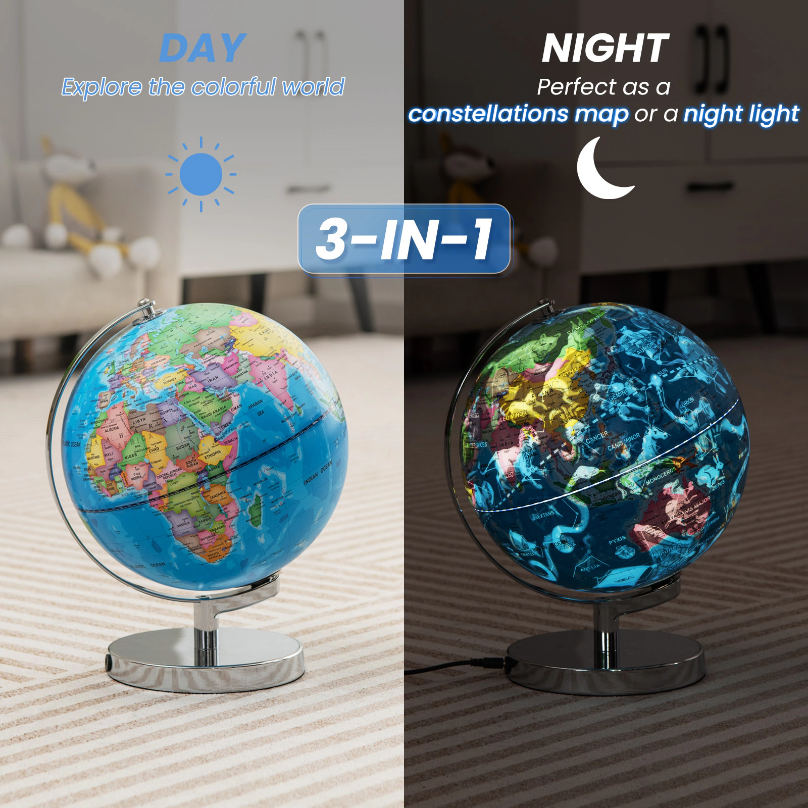 SUGIFT Kids 3-in-1 Illuminated 88 Constellations Night Light World Globe 9-in Diameter 9.5-in x 9.5-in x 11.5-in Blue