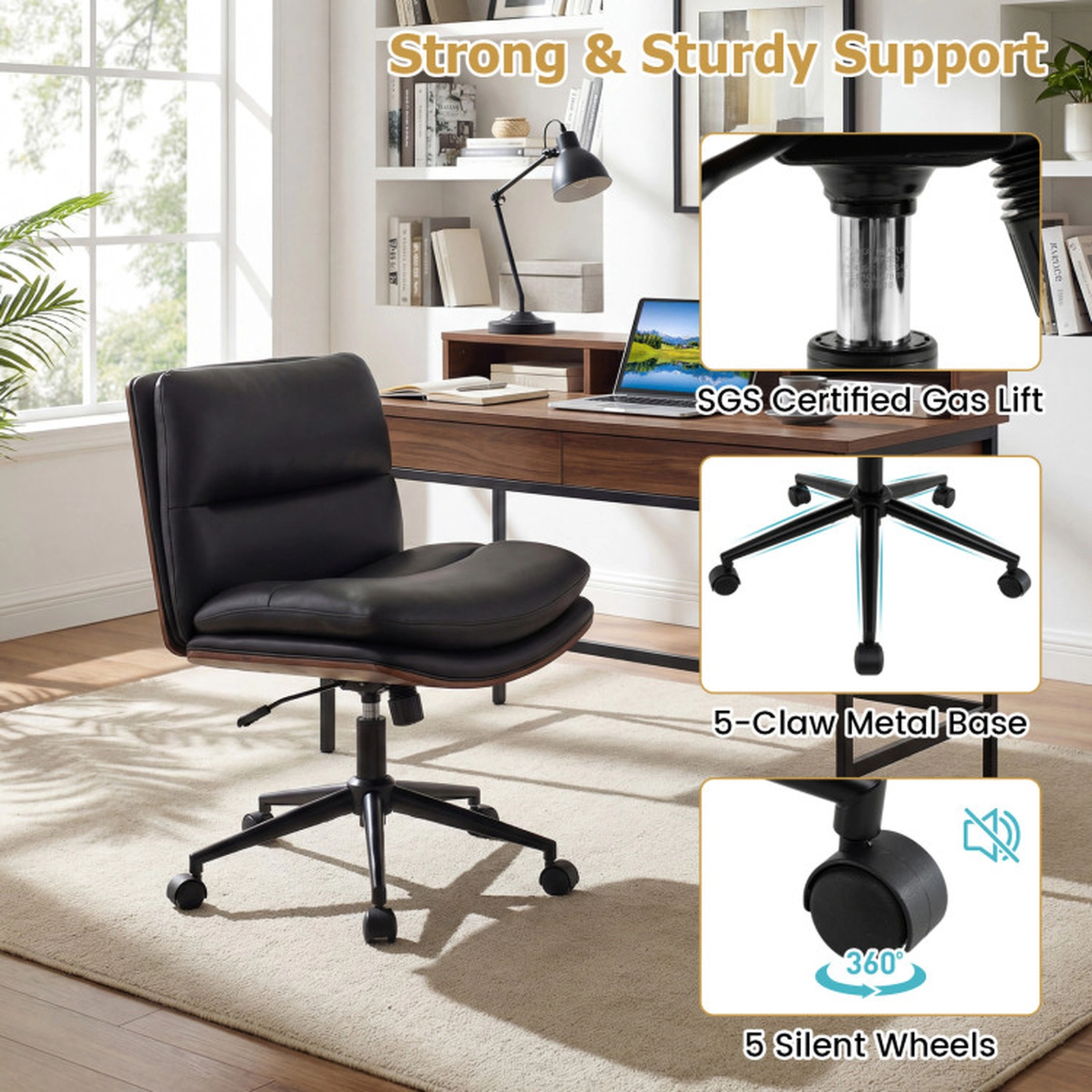 SUGIFT Curved Back Armless Office Chair 245-lb Capacity Adjustable 22-25-in Seat Height Black White
