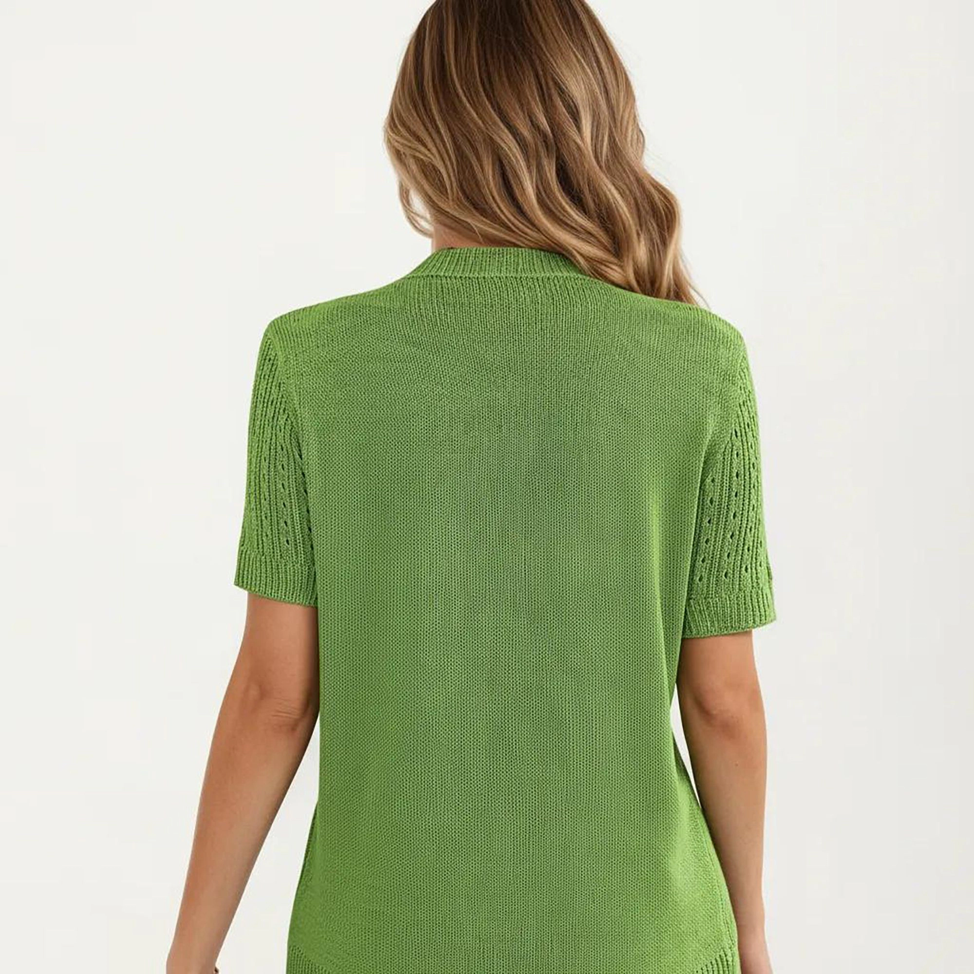Anna-Kaci Women's Short Sleeve Open Knit Button Front Sweater Top with Crew Neck and Relaxed Fit