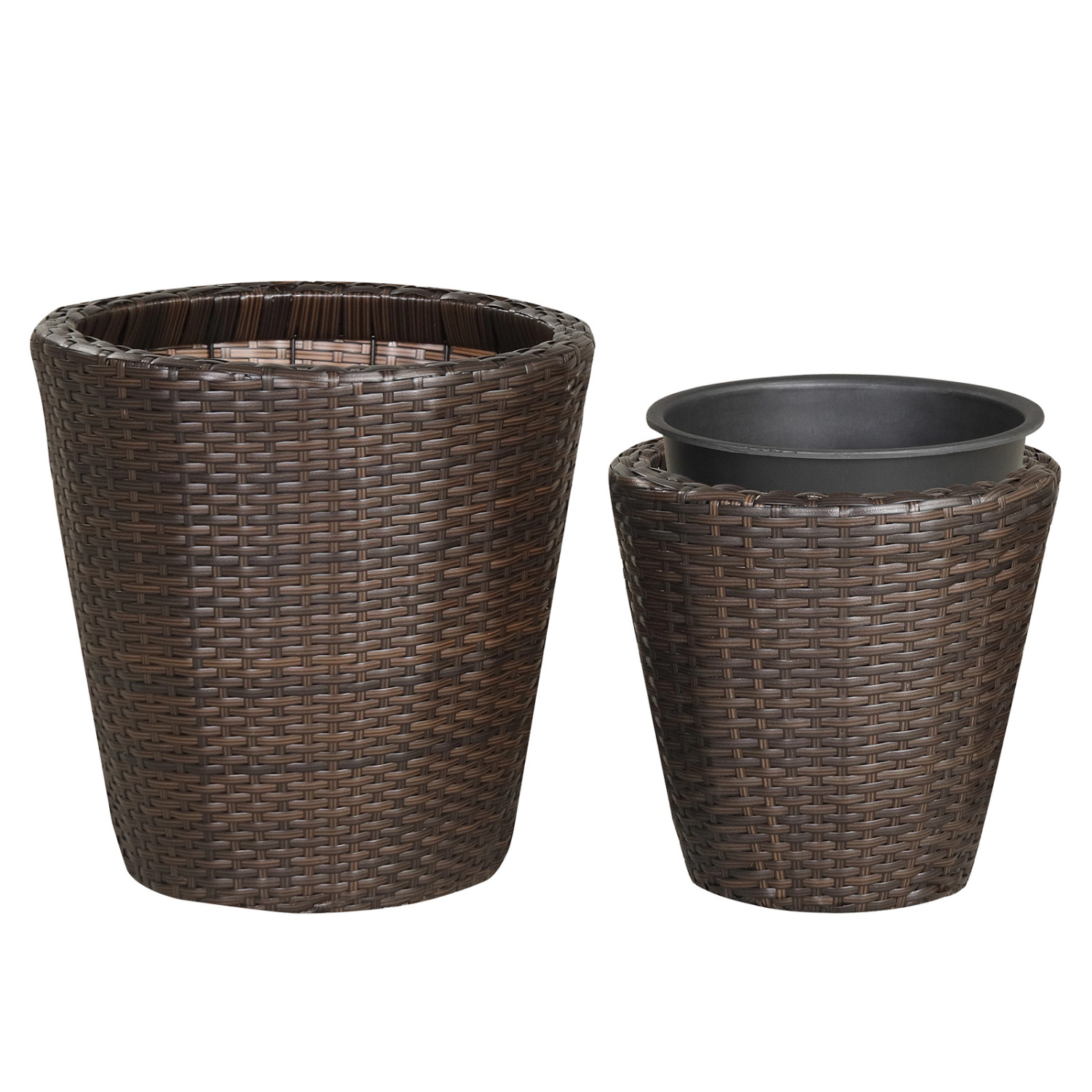 LJG Set of 2 Plastic Taper Rattan Planters with Drainage Holes and Saucers