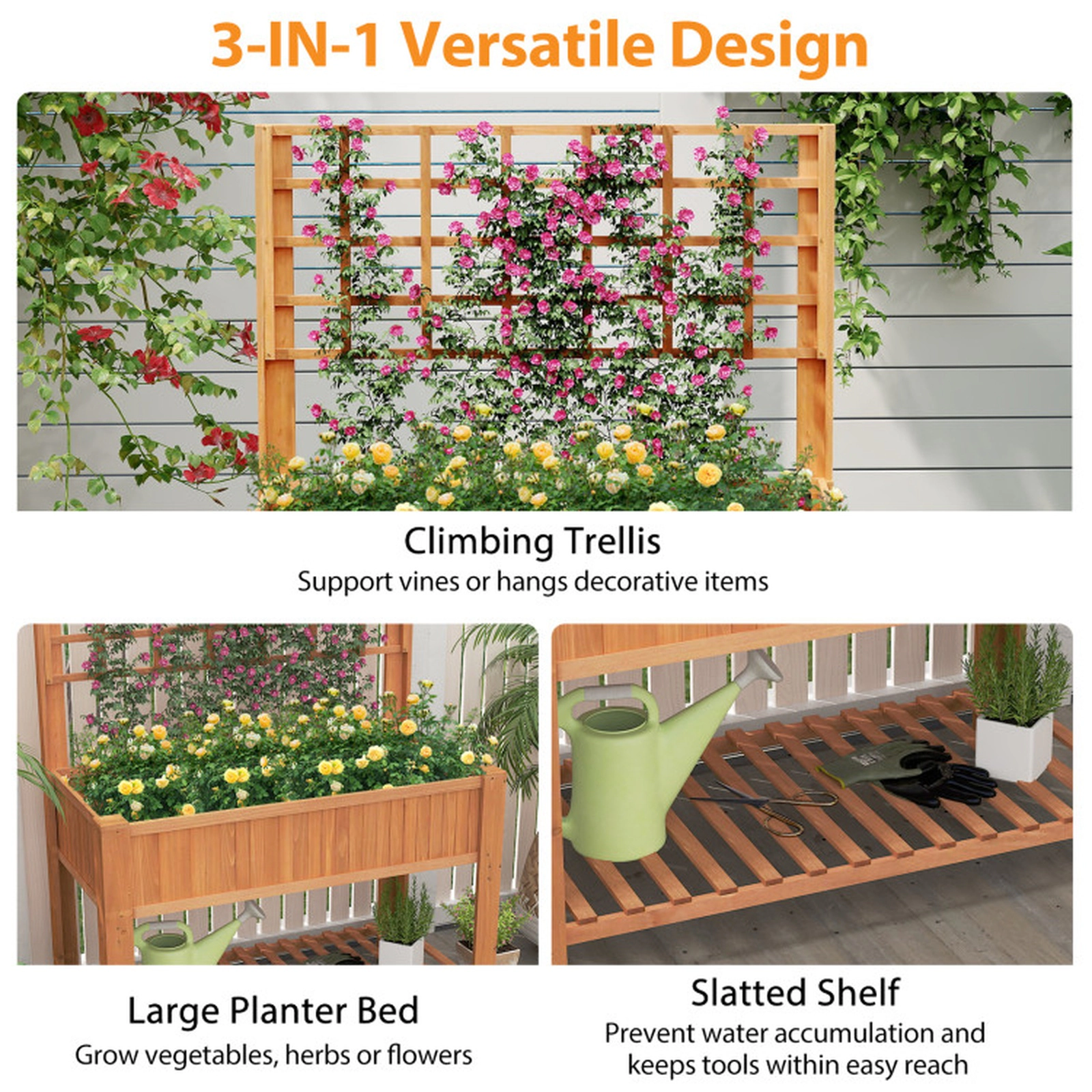 SUGIFT 59-in 110-lb Capacity Fir Wood Raised Garden Bed with Climbing Trellis Storage Shelf and L-Shaped Legs