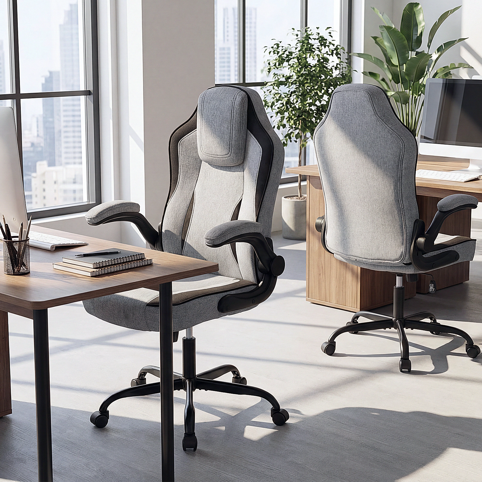 SUGIFT High Back 275-lb Capacity Gray Linen Ergonomic Computer Desk Chair with 90-Degree Flip-up Arms