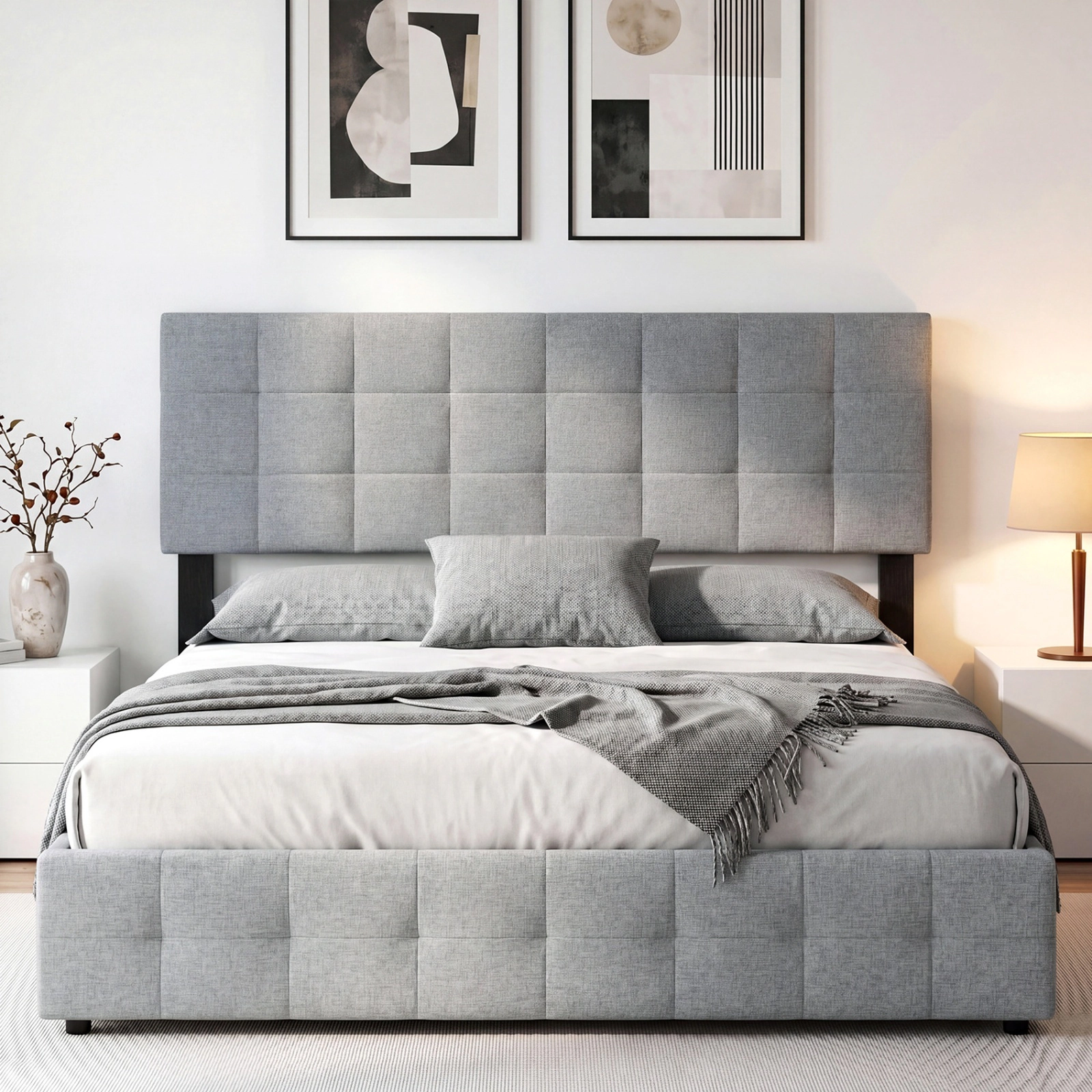 SUGIFT Quilted Grid Upholstered Headboard for Full and Queen Beds, Gray