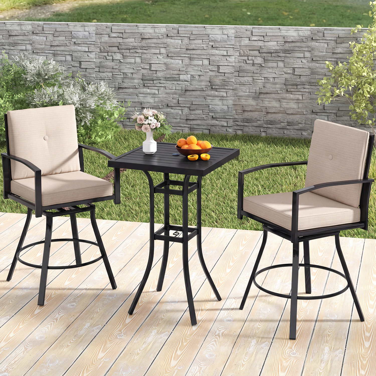 LJG 3 Pieces Patio Swivel Bar Set with Soft Cushions and Umbrella Hole