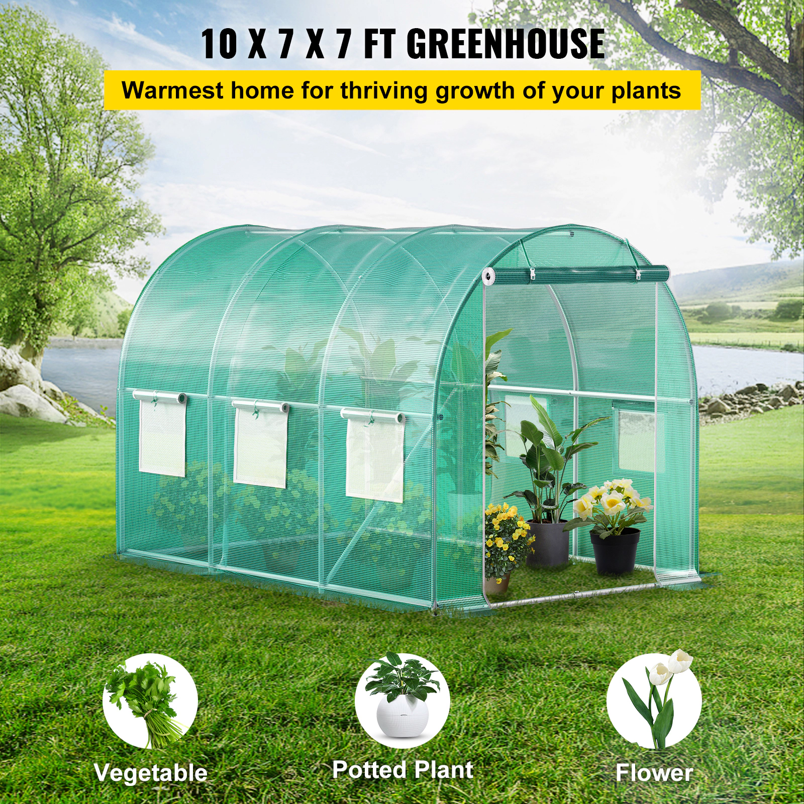 HONGGE Walk-in Tunnel Greenhouse Portable Plant Hot House with Galvanized Steel Hoops 1 Top Beam Diagonal Poles