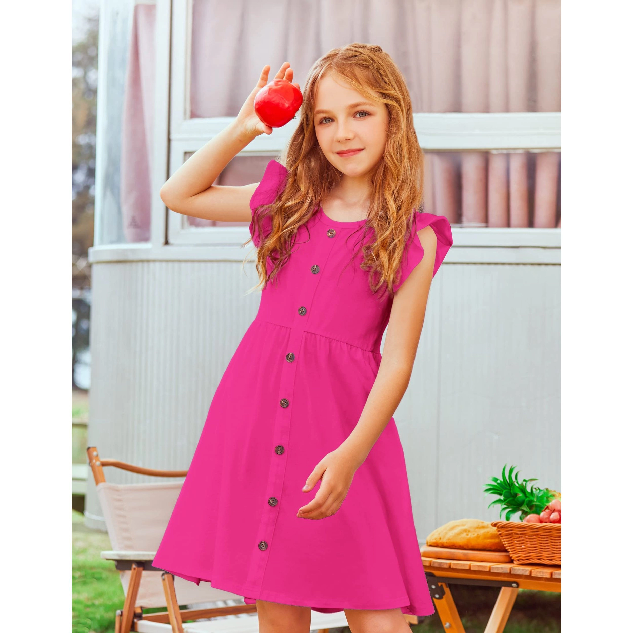 Arshiner Girls Dress Flutter Sleeve Aline Button Down Sundress Summer Dresses For Kids
