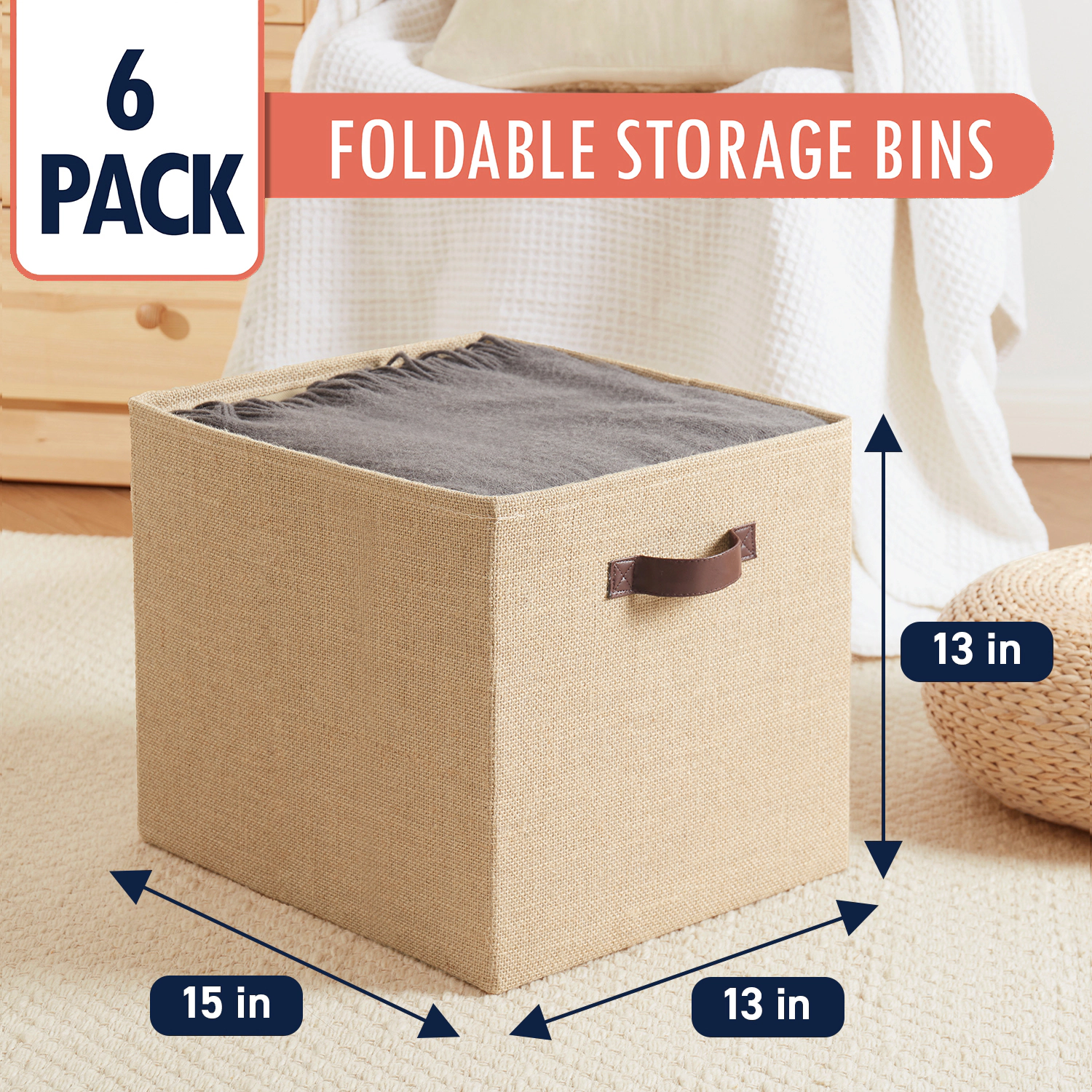 Ornavo Home 6 Pack Jute Storage Cube Bin Shelf Basket with Handles