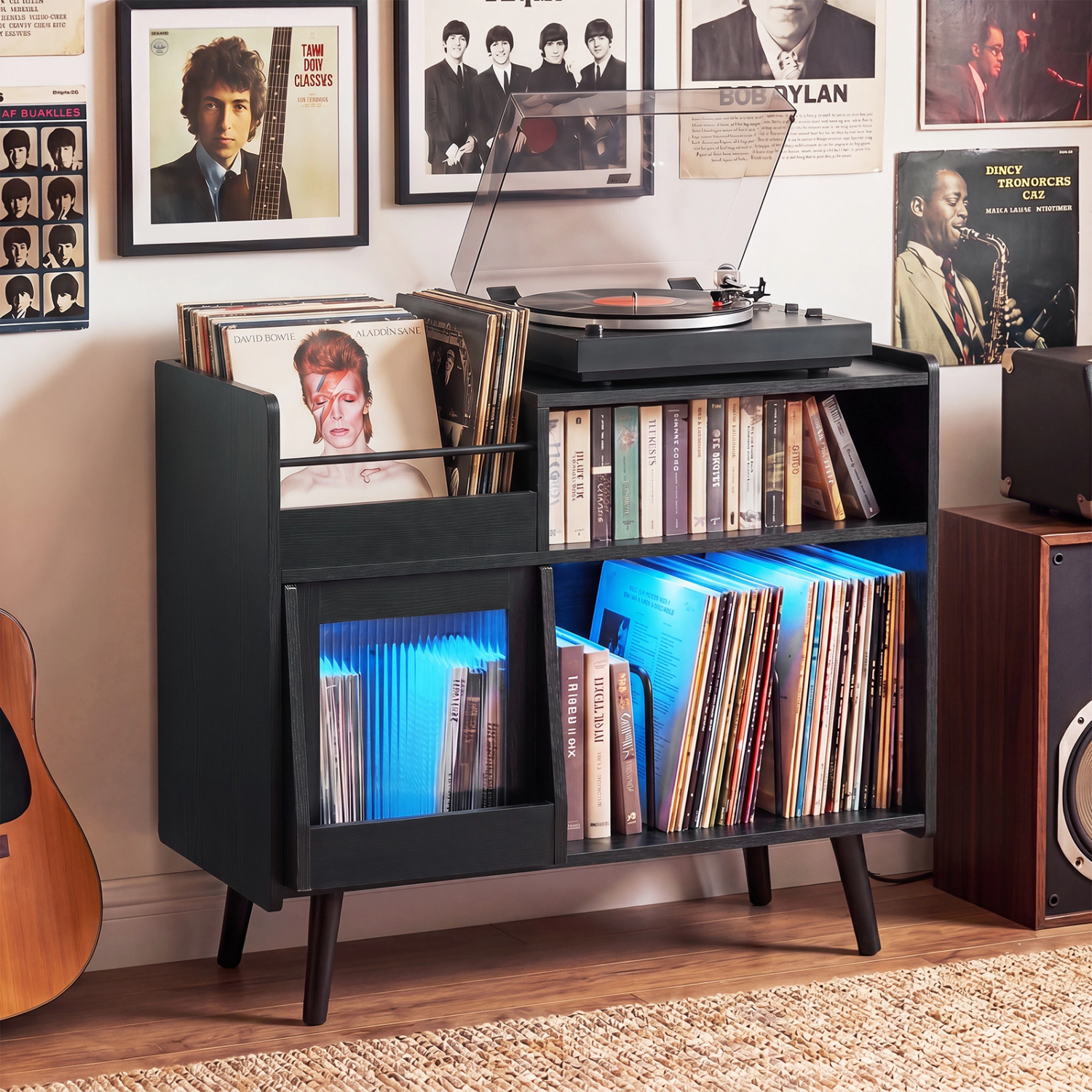 Glintex Record Player Stand with App-Controlled LED Lighting and Sliding Glass Door