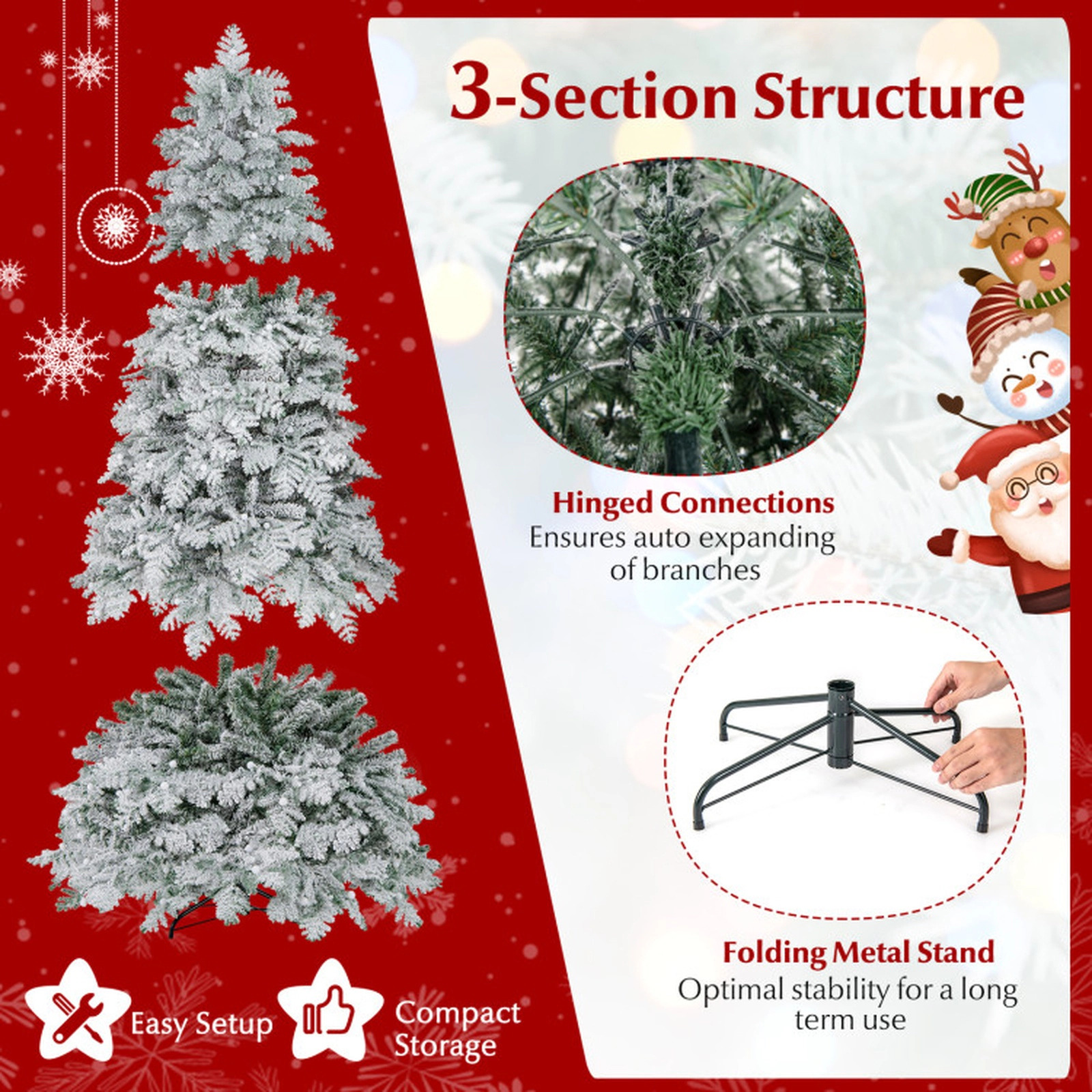 SUGIFT Pre-lit Hinged Snow-flocked Artificial Christmas Tree with Warm White LED Lights 7 Feet Green & White