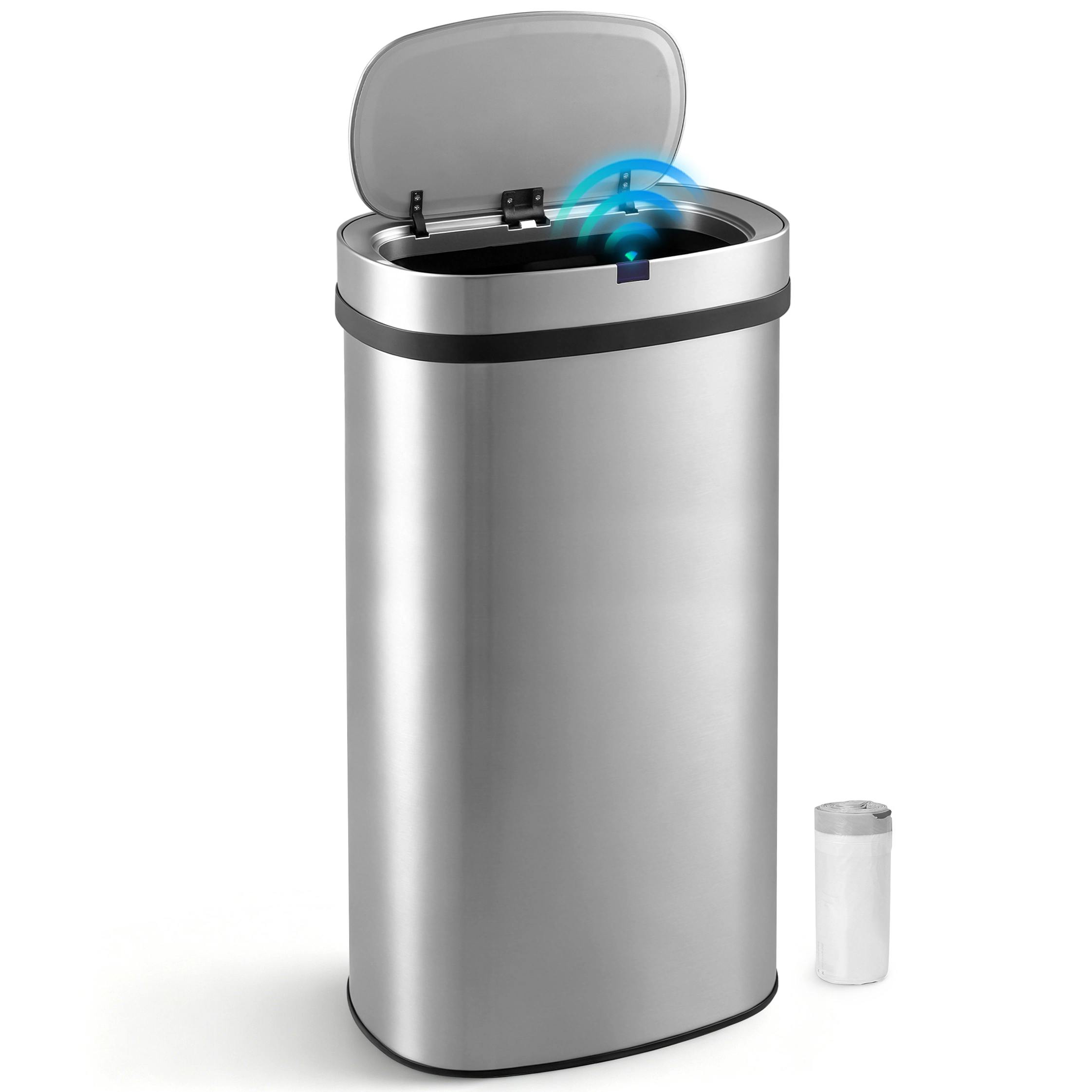 Innovaze 18 Gal. Touchless Motion Sensor Stainless Steel Kitchen Trash Can, Oval Design, Includes 26 Trash Bags, Silver