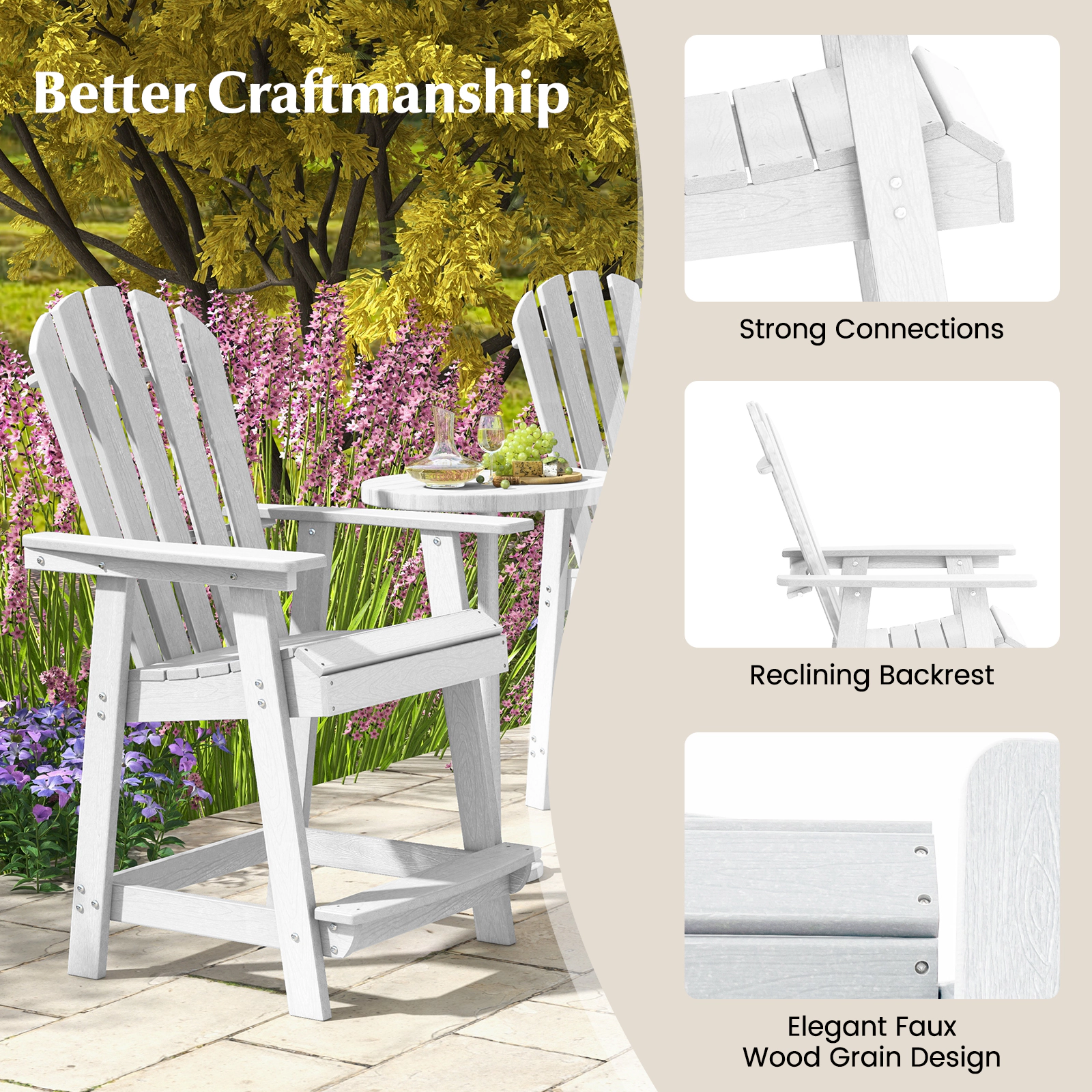 SUGIFT White Armrests and Footrest for Indoor Outdoor Use HDPE Patio Adirondack Chair